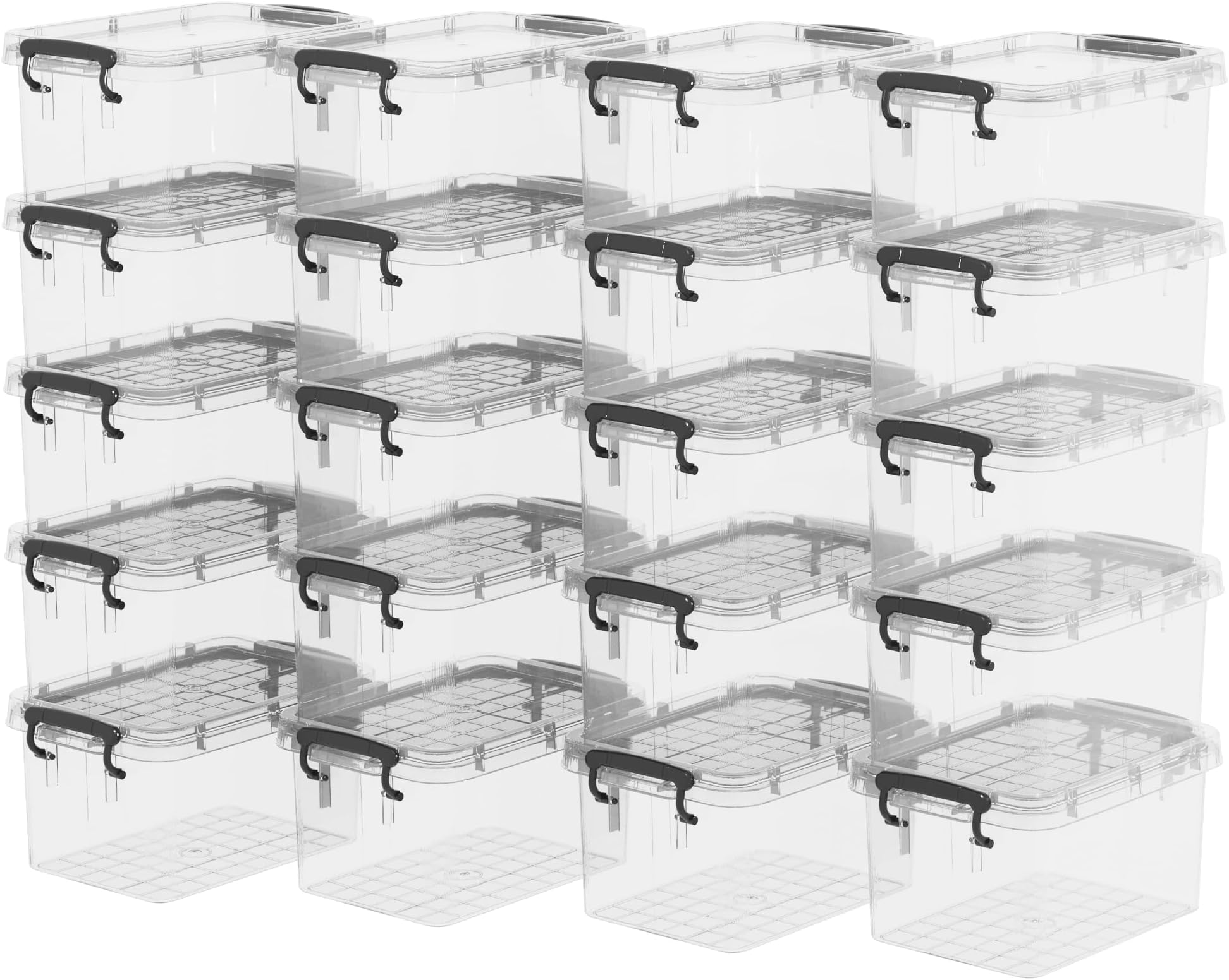 Plastic Storage Bin Tote Organizing Container with Lid and Secure Latching Buckles, Clear, 3.2Qt x 20, Pack of 20