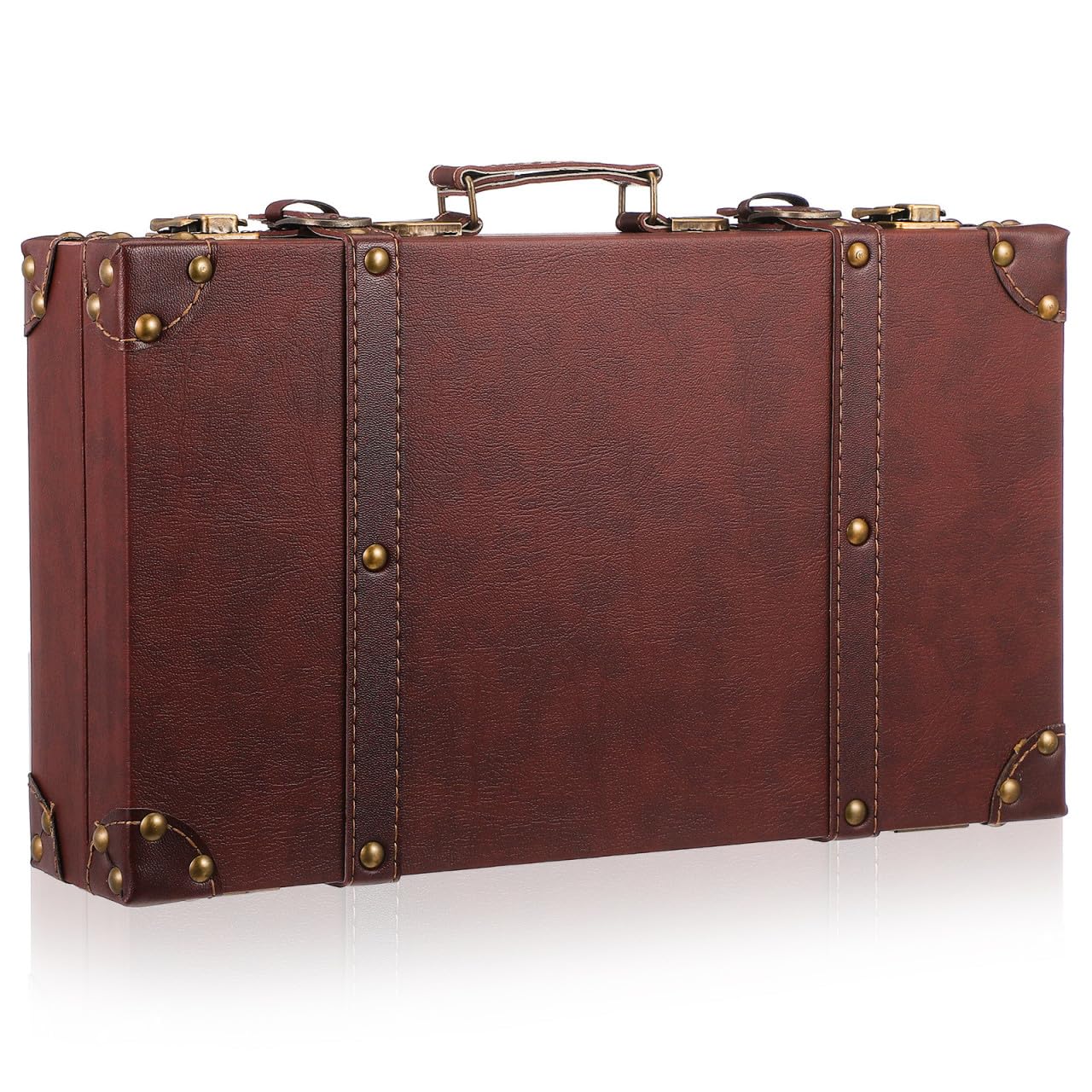 Valise à main de rangement décoratif en bois et cuir avec poignée rétro