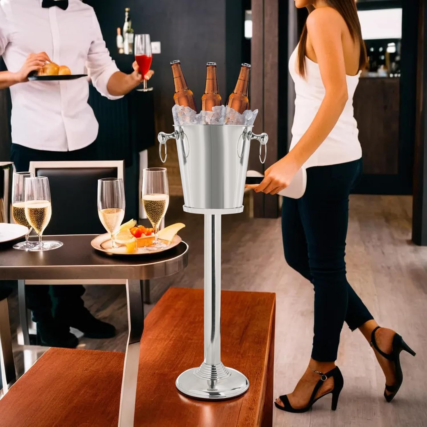 Deep Hammered Nickel-Plated Wine & Ice Bucket with Stand