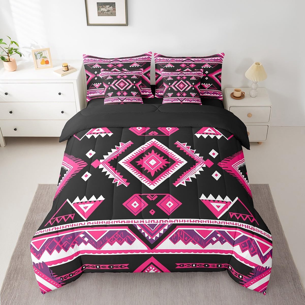Erosebridal Gothic Aztec Bed in a Bag Queen Comforter Set 7 Piece,Nordic Style Western Bedding Sets Pink Purple Exotic Bohemian Abstract Boho Floral Sheet Set with Comforter