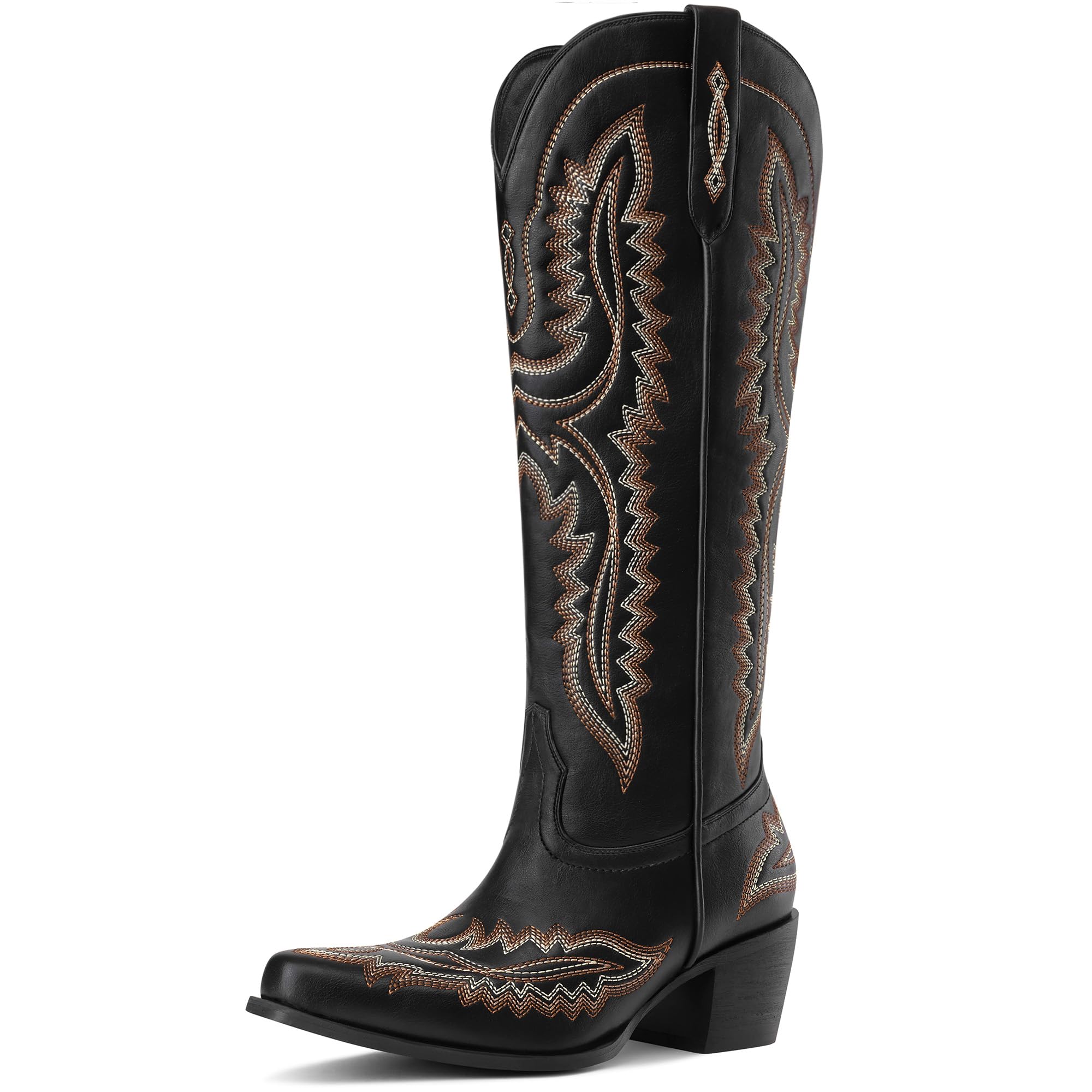 MUCCCUTE Cowboy Boots for Women Cowgirl Boots Western Knee High Pointed Toe with Classic Embroidery Side Zipper Chunky Heel Pull On Retro Country Tall