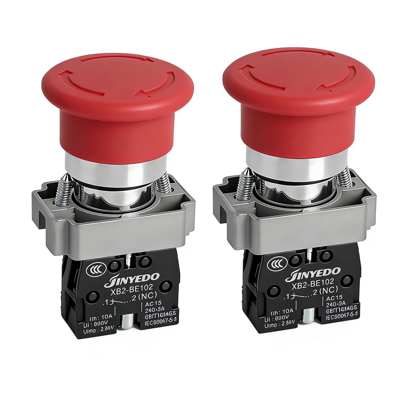 Powice Interruttore di emergenza, rosso, pulsante a fungo, XB2-BE102, contatto NC, 240 V, 2 pezzi