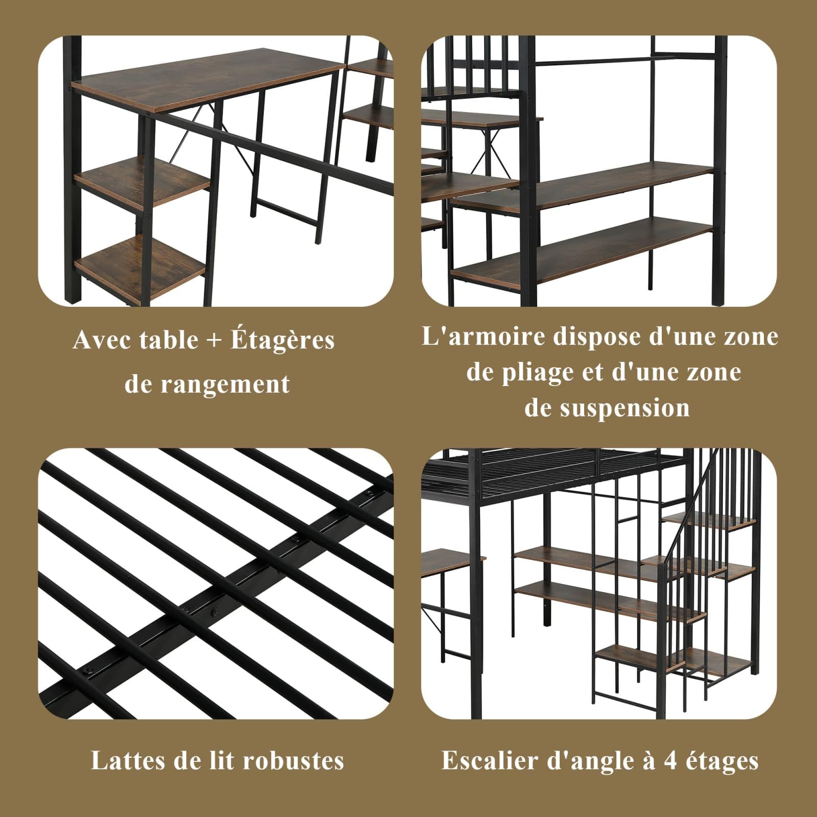 Lit Mezzanine en Fer, 120 x 200cm Lit en Hauteur, avec Bureau et Plusieurs étagères de Rangement, équipé d'un Escalier et Barrière de Sécurité(sans Matelas)