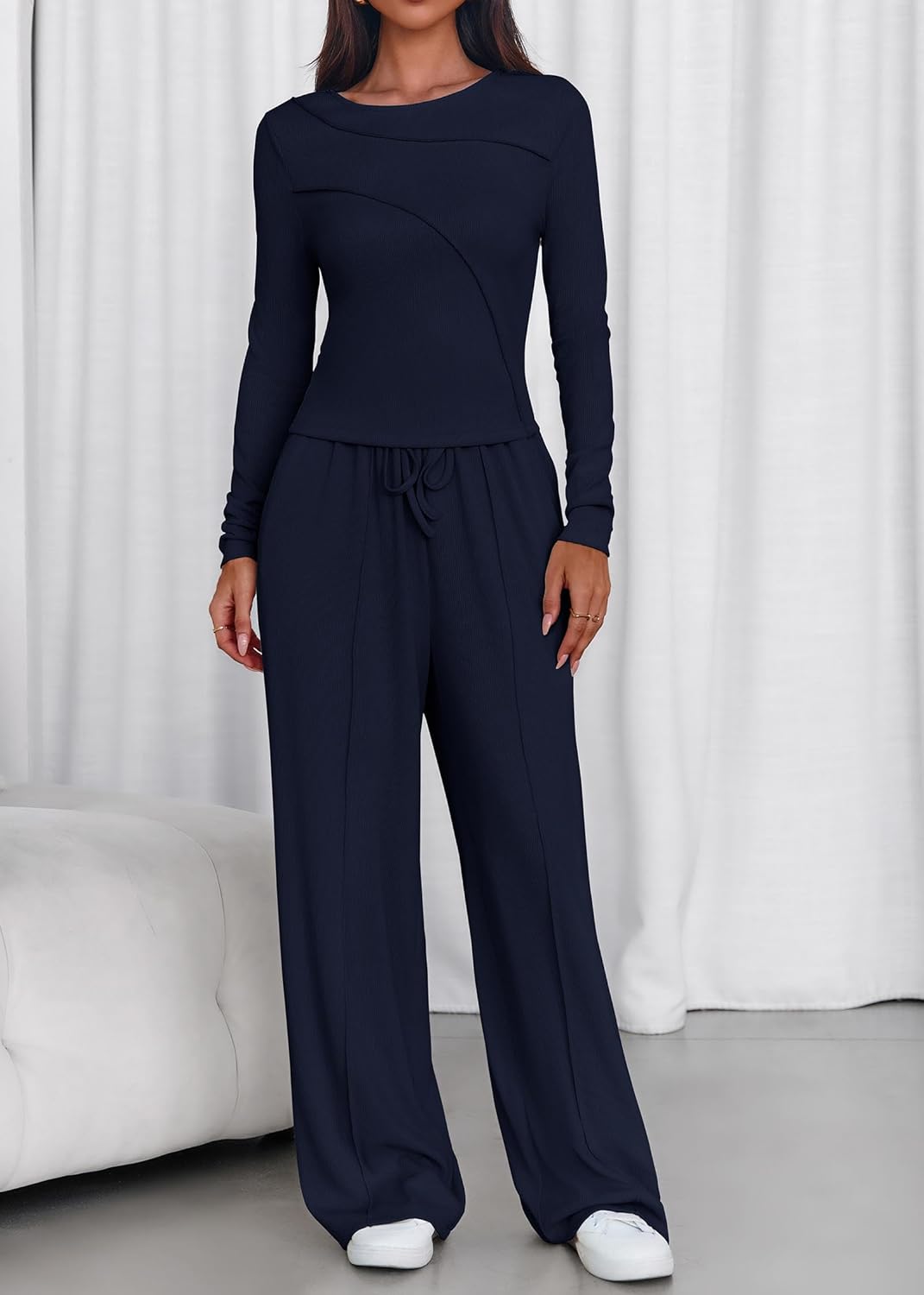 Lazysmile Lounge Sets For Women 2 Piece Sets Fall Outfits Long Sleeve Tops with Wide Legs Pants Casual Matching Set - Image 9