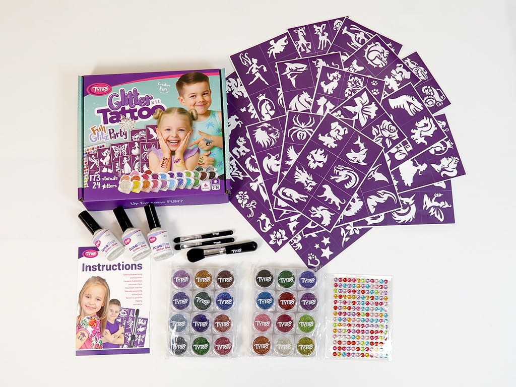 TyToo GlitzParty zestaw brokatowych tatuaży dla dzieci, szablony i kolory brokatu, przyjazny dla skóry, wodoodporny, testowany dermatologicznie, zestaw do makijażu na urodziny i imprezę rodzinną (Full