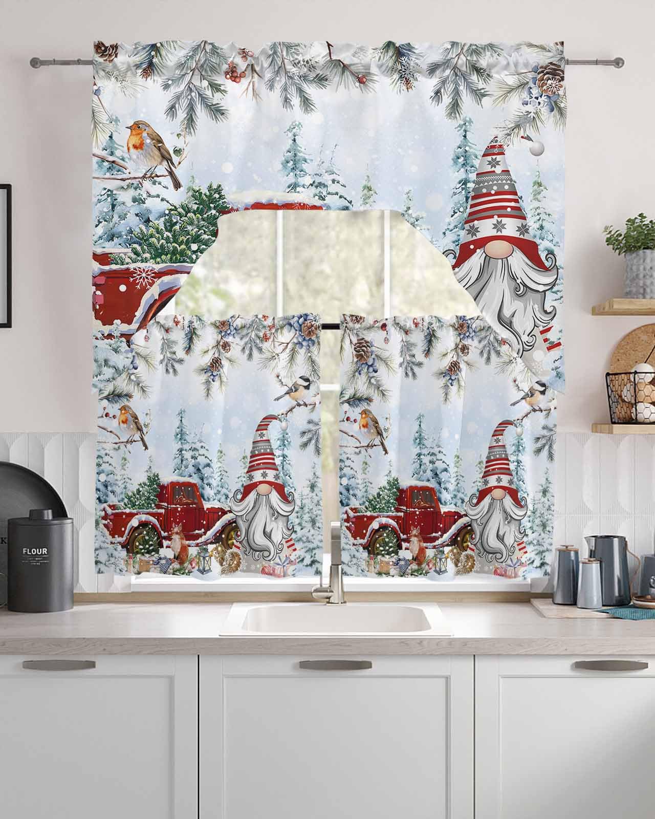 Hokiten Kitchen Curtain Tiers and Swag Valance Set, Christmas Gnomes Tier Curtains 24 Inch Length for Room Decor, Red Truck Xmas Tree Snowflake Bathroom Valance 36 Inch, Tier Curtains 27.5 in x 24 in