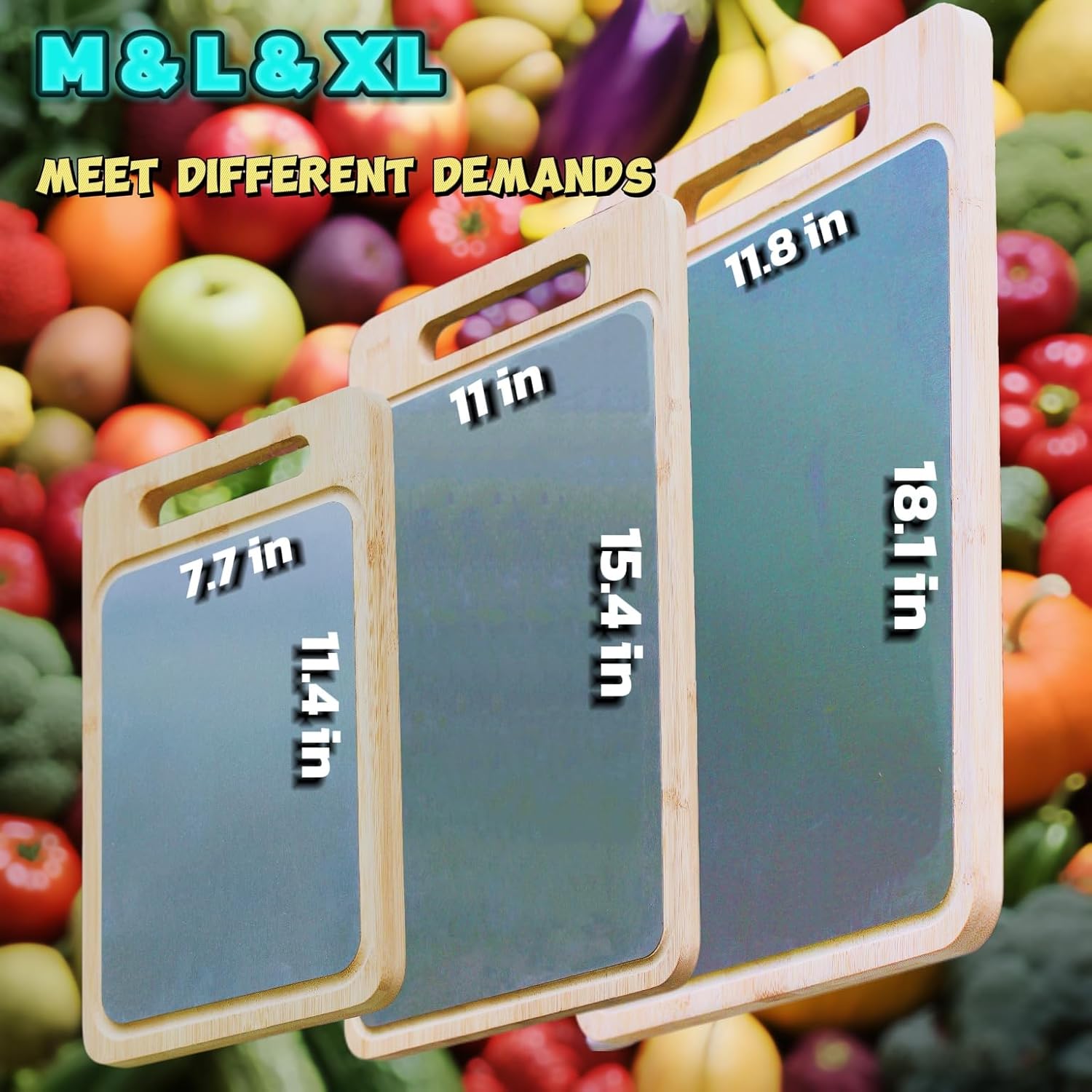 3PCS Dual-Sided Bamboo & Stainless Steel Cutting Board for Kitchen Non-Slip Juice Groove, Cutting Board for Meats, Vegetables & Fruit, Kitchen Gift for Home Chefs Cooking Enthusiasts (M+L+XL)