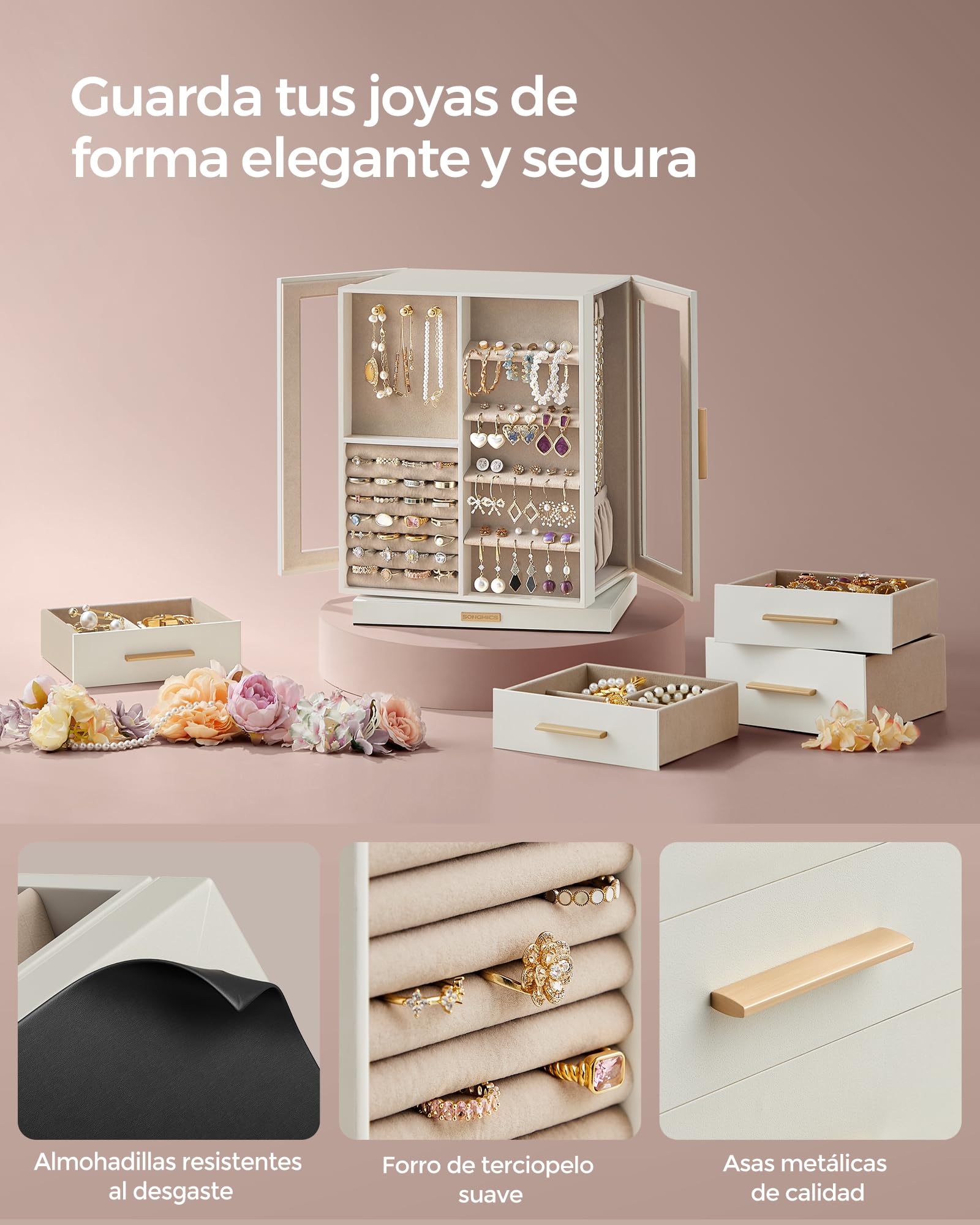 SONGMICS GISELLA Caja Joyero Giratorio 360° 5 Cajones Ventanas de Cristal Blanco Nube JBC170W01