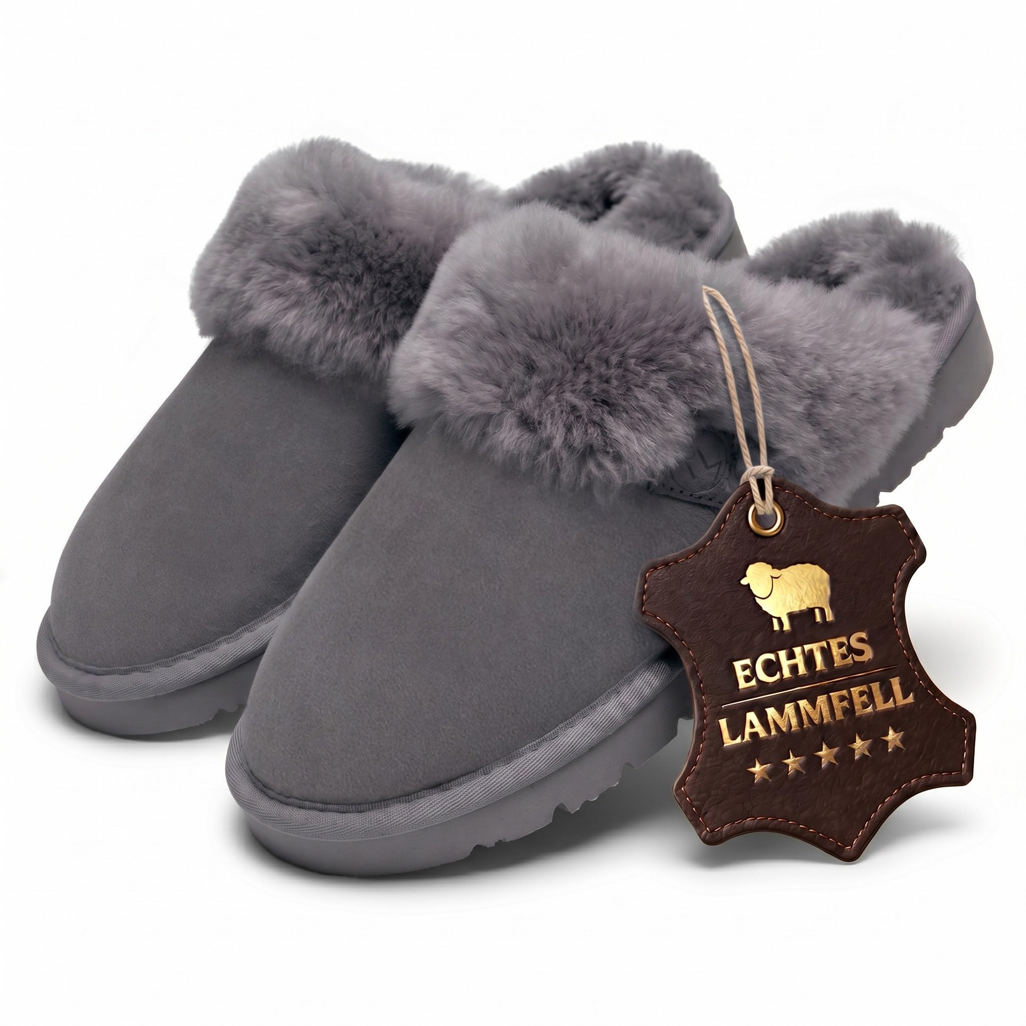 Rohn Moden Lammfell Hausschuhe Damen– Talea – Warme Hausschuhe Damen mit Schaffell & rutschfester EVA-Sohle – Winter Pantoffeln für zuhause – Slipper gefüttert - Braun Rose Grau