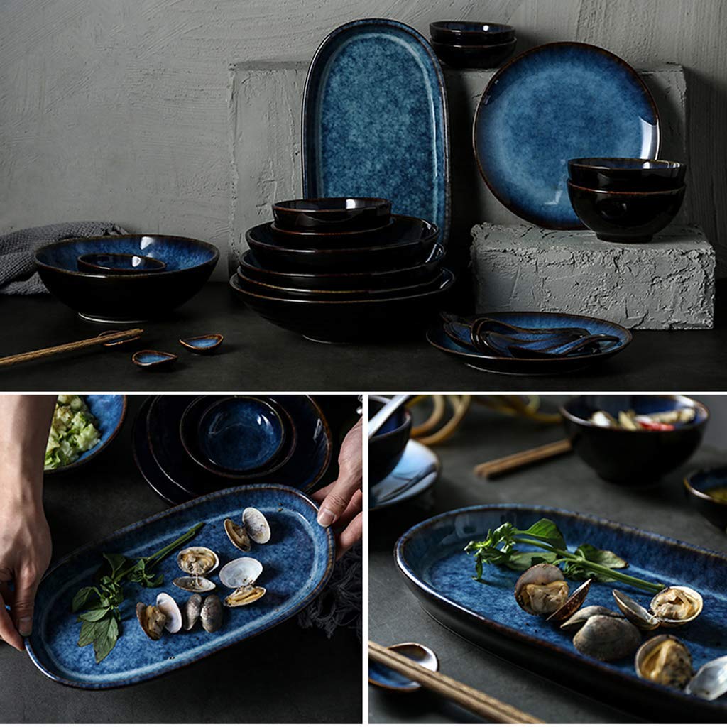Tafelservice, Keramik-Geschirrset, Katzenaugenblau, 32-teilig, Porzellan-Tafelservice/Vintage-Relief-Teller- und Schüssel-Sets für Restaurants und mikrowellengeeignet