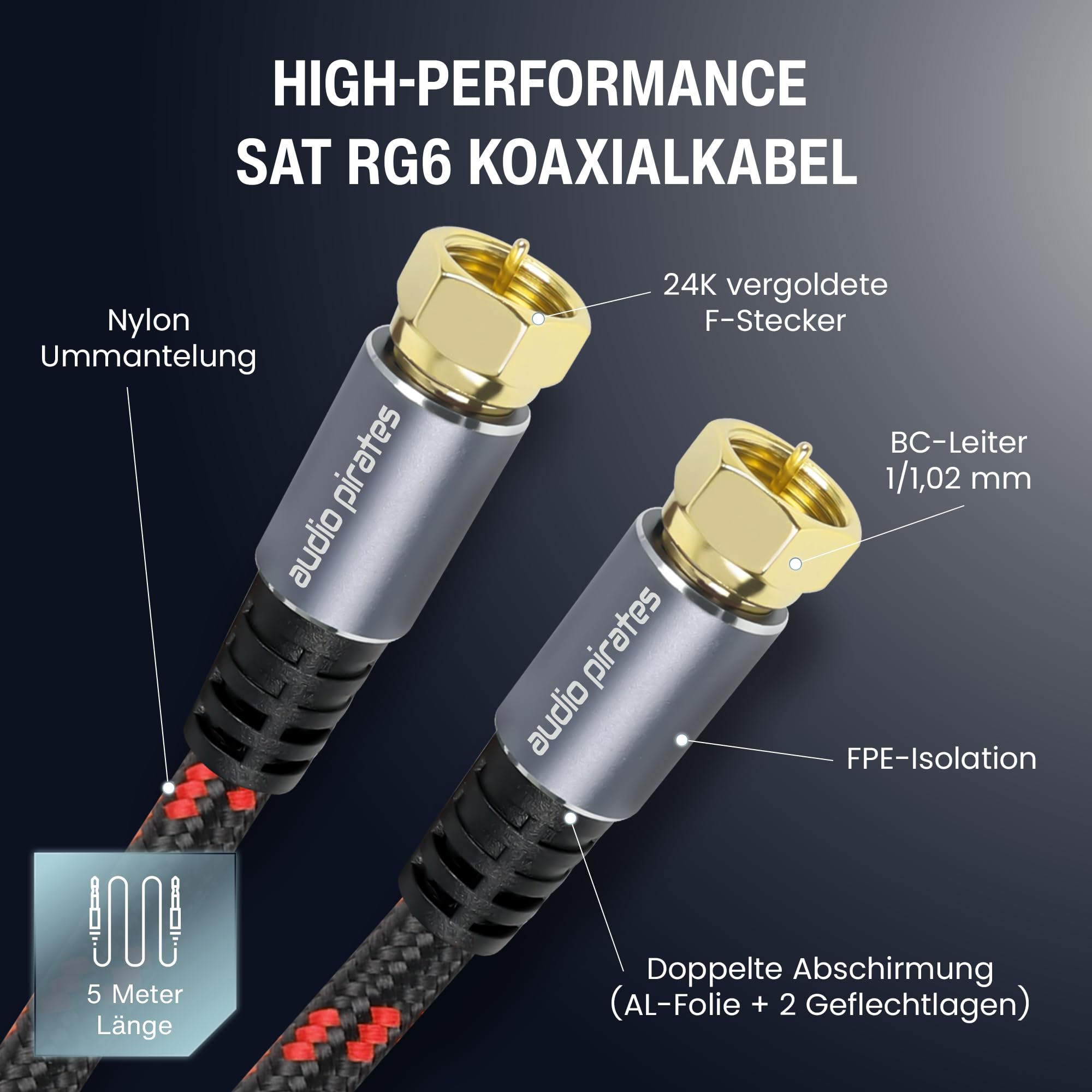 audio pirates RG6 kabel koncentryczny – kabel SAT z prostymi wtyczkami F – podwójnie ekranowany kabel koncentryczny o średnicy 7 mm – kabel antenowy, kabel koncentryczny czarny/czerwony (2 sztuki – 5