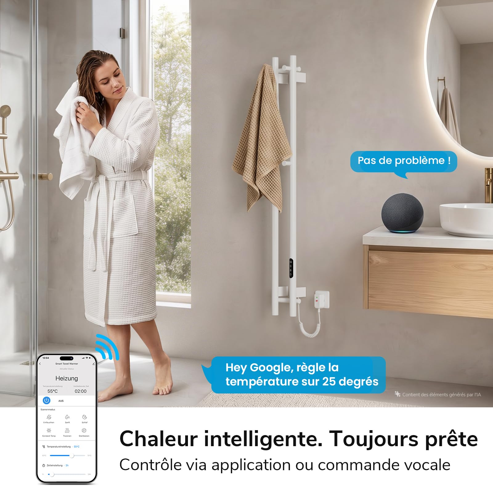 Heilmetz 1200x124mm Sèche Serviette Électrique WiFi Blanc, Seche Serviette Electrique Salle de Bain Vertical 2 Barres avec Crochets, Contrôle APP, Minuterie & Thermostat, 145W