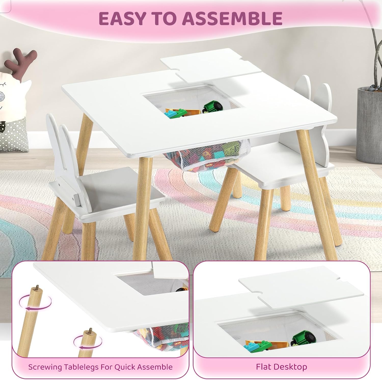 JOYMOR Kids Table and 2 Chairs Set, 3 in 1 Design for Toddler Activity, with Removable Tabletop, Storage Space and White Bunny Ear Chairs, Ideal for Craft and Playroom, Fit for Kids 2 to 5 Years Old