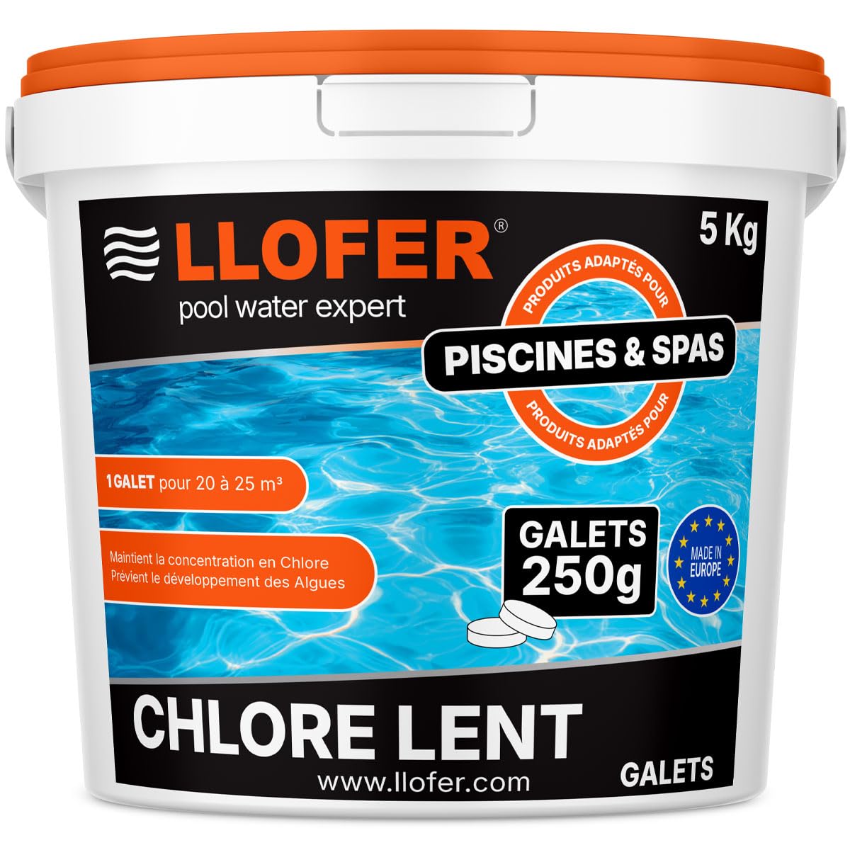 Galets de Chlore Lent 250g - Haute Teneur en Chlore (90%) -Seau de 5kg - chloration permanente hautement Efficace Contre Les bactéries, fabriquer en Europe