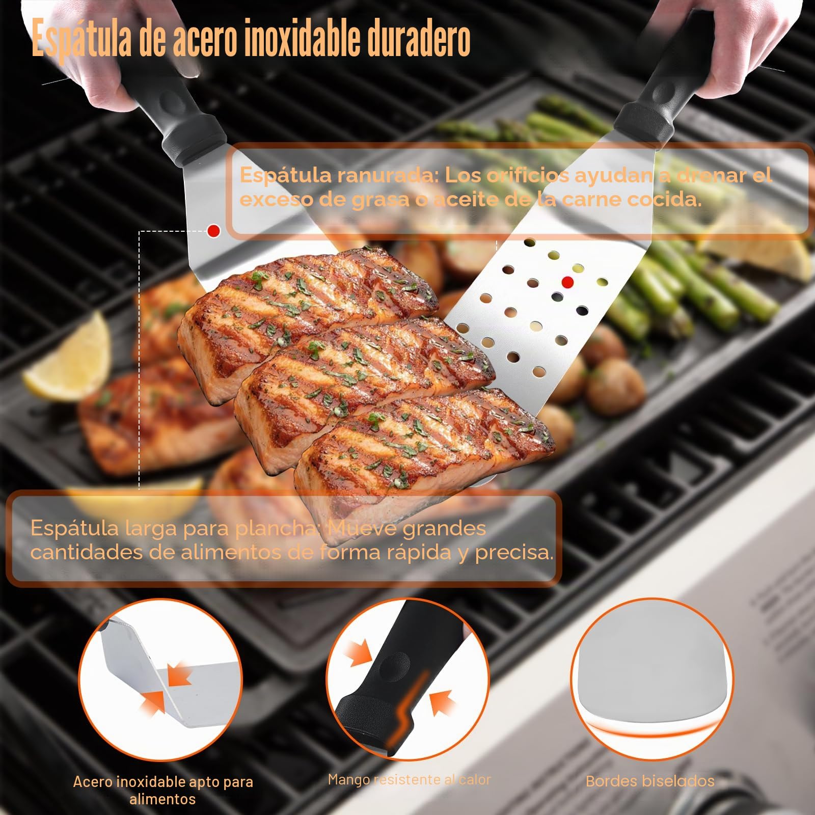 JUAUO Juego 27 Utensilios de Barbacoa de Acero Inoxidable, Kit de Accesorios Profesional para Parrilla y Plancha con Bolsa de Transporte y Prensa Hamburguesas, Regalos para Hombres y Chef Aficionado