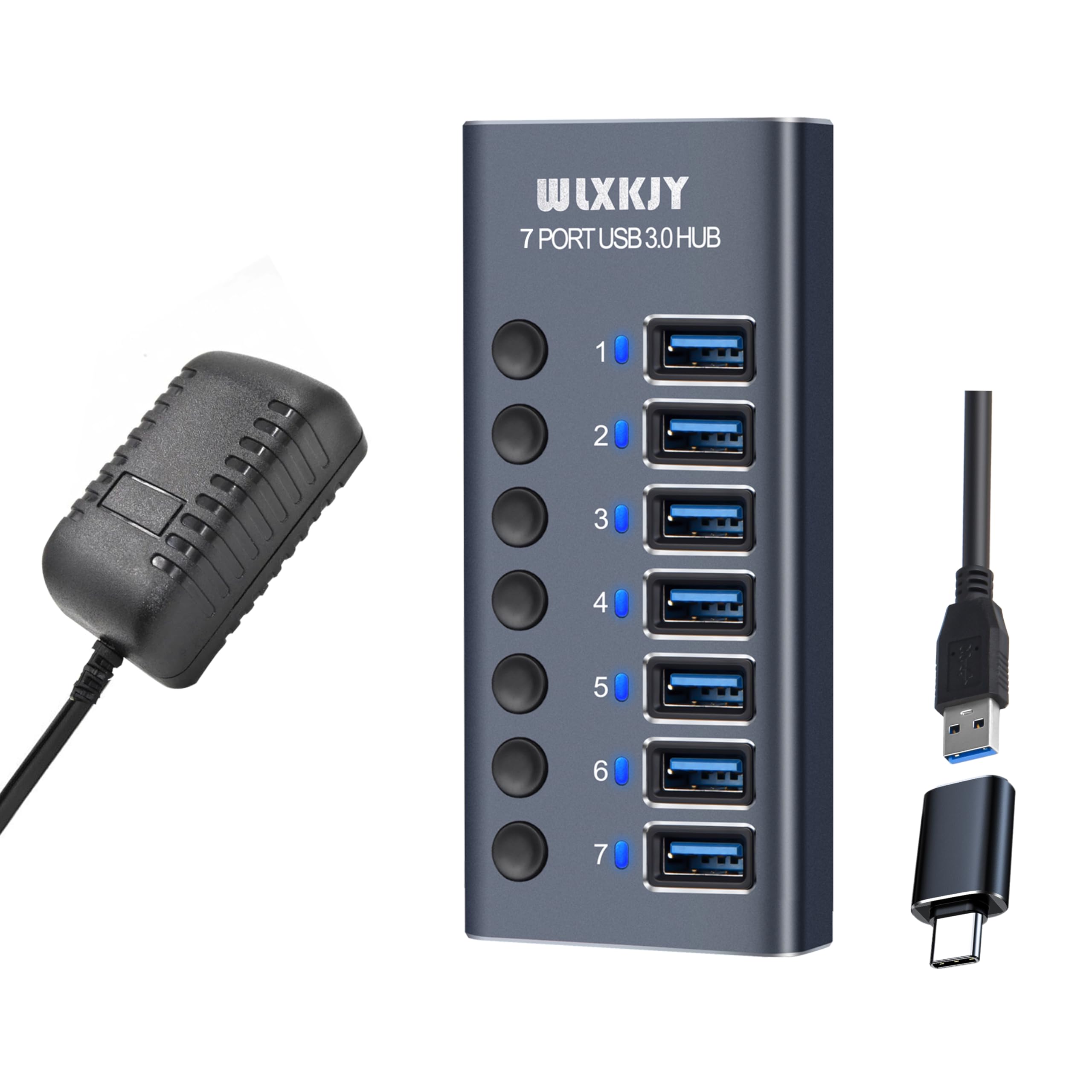 WLXKJY Hub USB 3.0 in alluminio, hub USB attivo - 7 porte USB 3.0 SuperSpeed, interruttori individuali e alimentatore da 36 W (12 V/3 A) per MacBook/MacBook Air/MacBook PRO