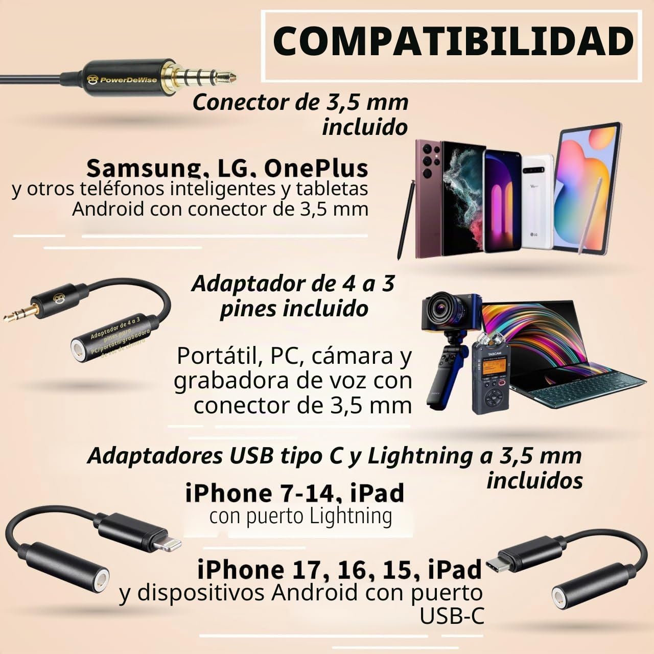 PowerDeWise - Micrófono Lavalier de Grado Profesional con Clip para cámara, teléfono, iPhone, GoPro, grabación de vídeo ASMR, pequeño micrófono de Camisa de 3,5 mm con Sistema de Clip fácil