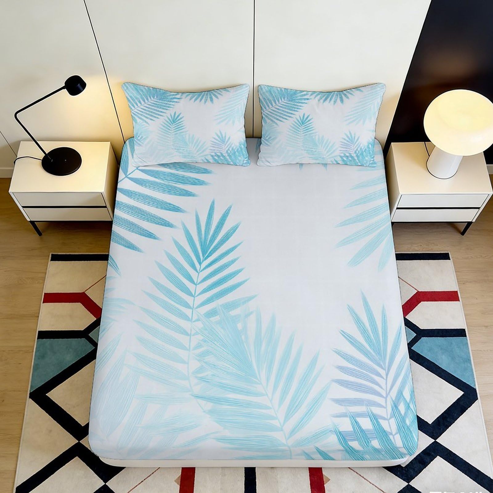 3D Printed Blue Palm Leaves Fitted Sheet Microfiber Soft Breathable Tropical Leaf Bed Cover for Bedroom Dormitory Guest Room Mattress Protection 140x200x25cm