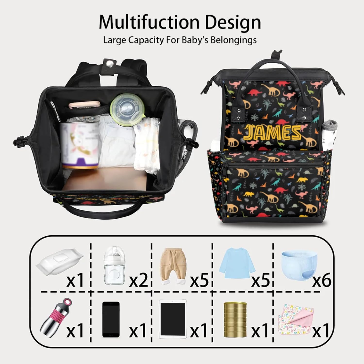 Personalized Baby Diaper-Backpack Waterproof Nappy-Bag Backpack for Mom Dad Baby-Boys Dinosaur-Diaper-Bag with Baby Name