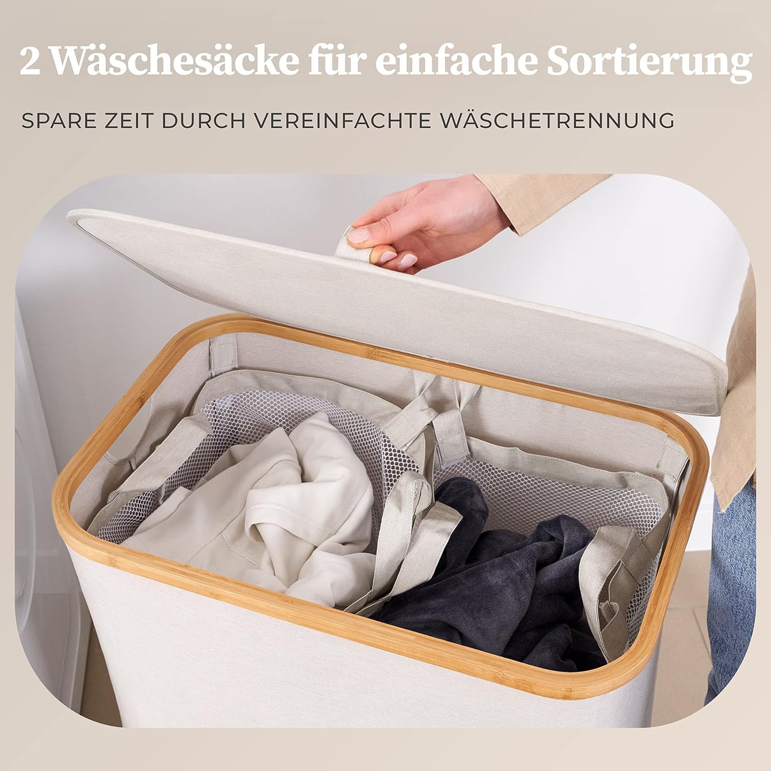 HENNEZ Wäschekorb mit Deckel 2 Fächer Wäschekorb Beige - Grau 140L Wäschesack schmal - Wäschesortierer Wäschebox Wäschetonne Wäschesammler mit Deckel Wäschetruhe Wäschekörbe laundry baskets