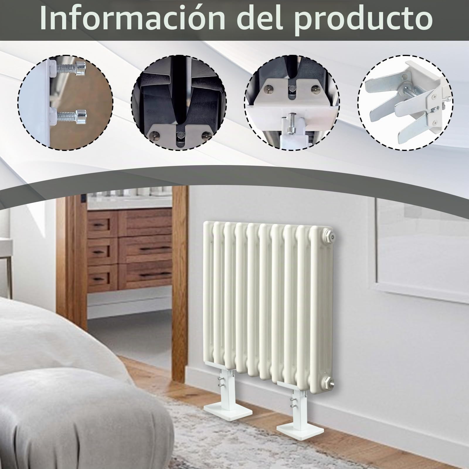 Juego de 2 Soporte Radiador, Kit de Patas de Radiador de Montaje en Suelo, 14-21 cm Ajustables Soportes de Radiador de Acero, Soporte Radiador con Doble Estabilidad para Radiadores de Panel