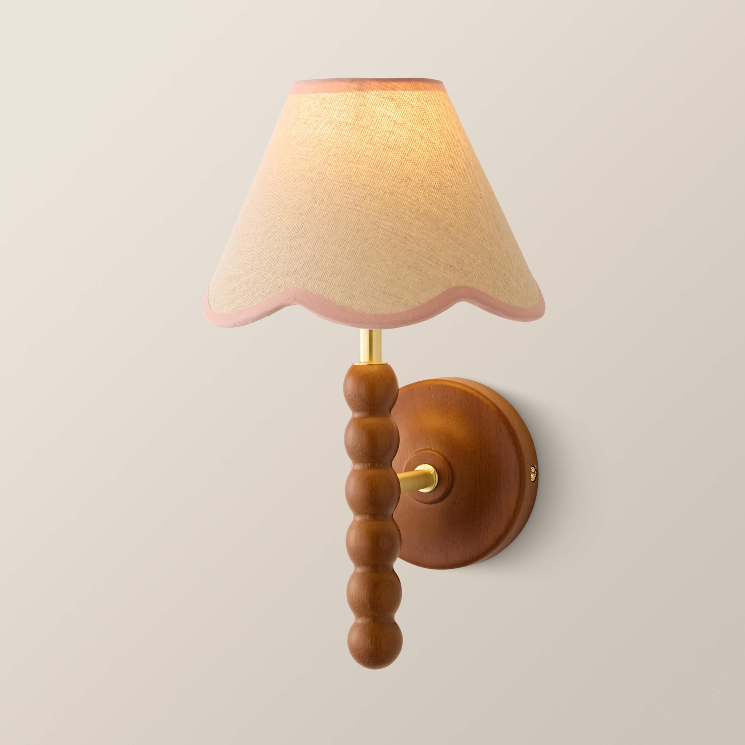 ValueLights | Bobbins Walnut Bobble Wall Light and Pink Trim Linen Lamp Shade and Bulb | Mains Wired
