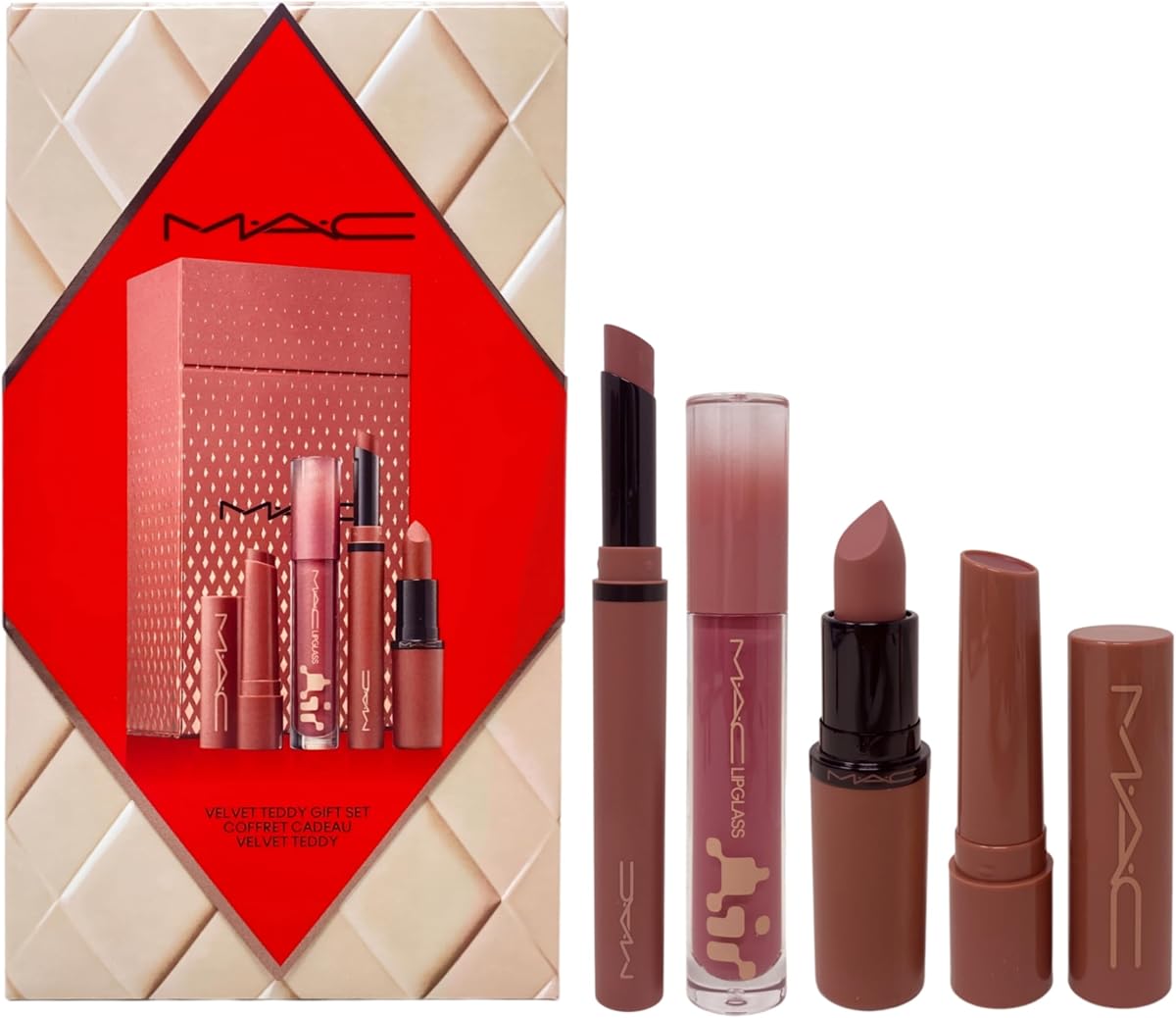 MAC M·A·C Cosmetics Holiday Exclusive Velvet Totally Teddy Lip Kit de 4 piezas: barra de labios satinada, barra de brillo voluminizador, barra de labios delgada y brillo de labios