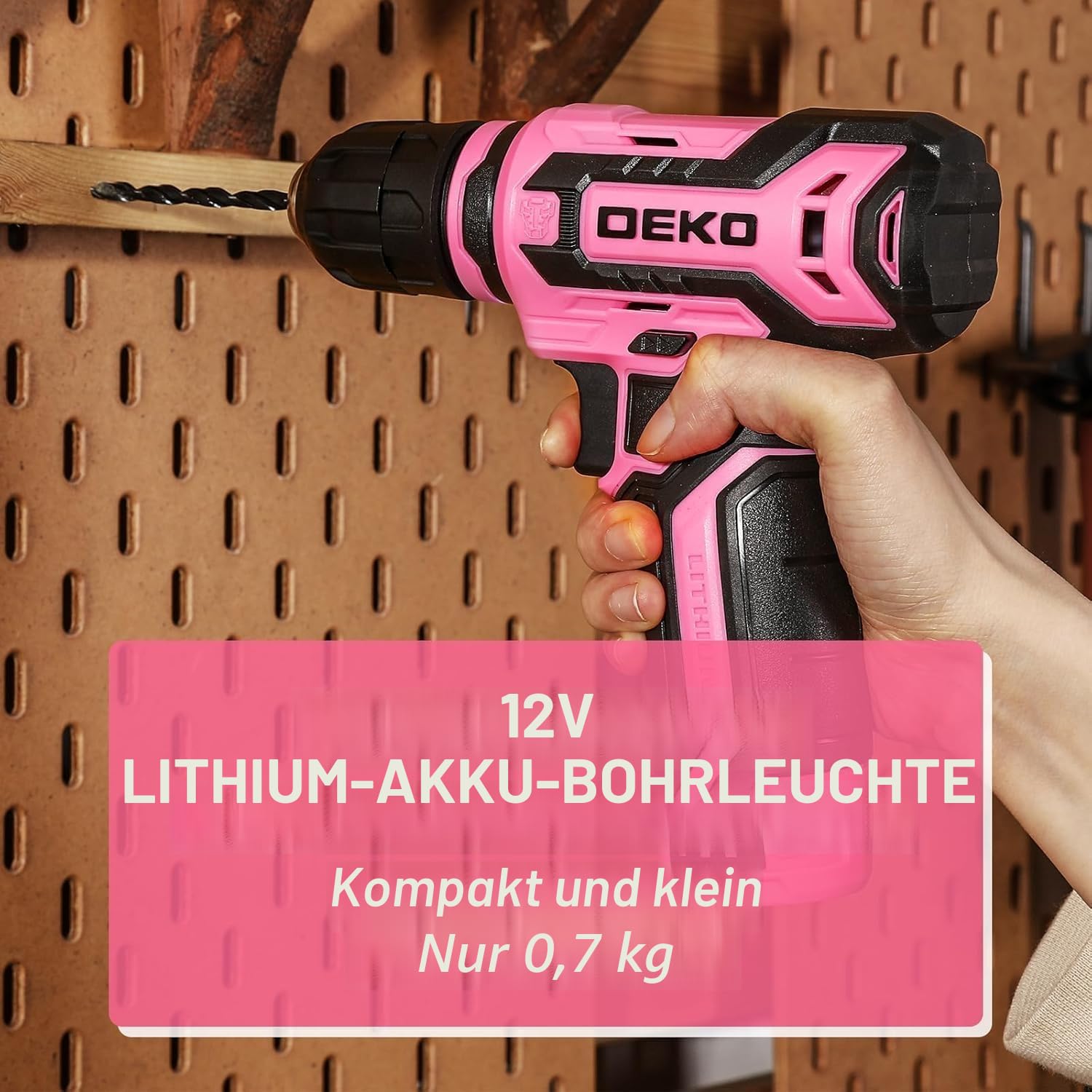 DEKO Werkzeugkoffer Gefüllt, 133-teilig Werkzeug Set für Reparaturen im Haushalt und Heimwerken, mit Bohrschrauber 12 V Akkuschrauber Bohren und Anziehen/Lösen von Schrauben, Rosa