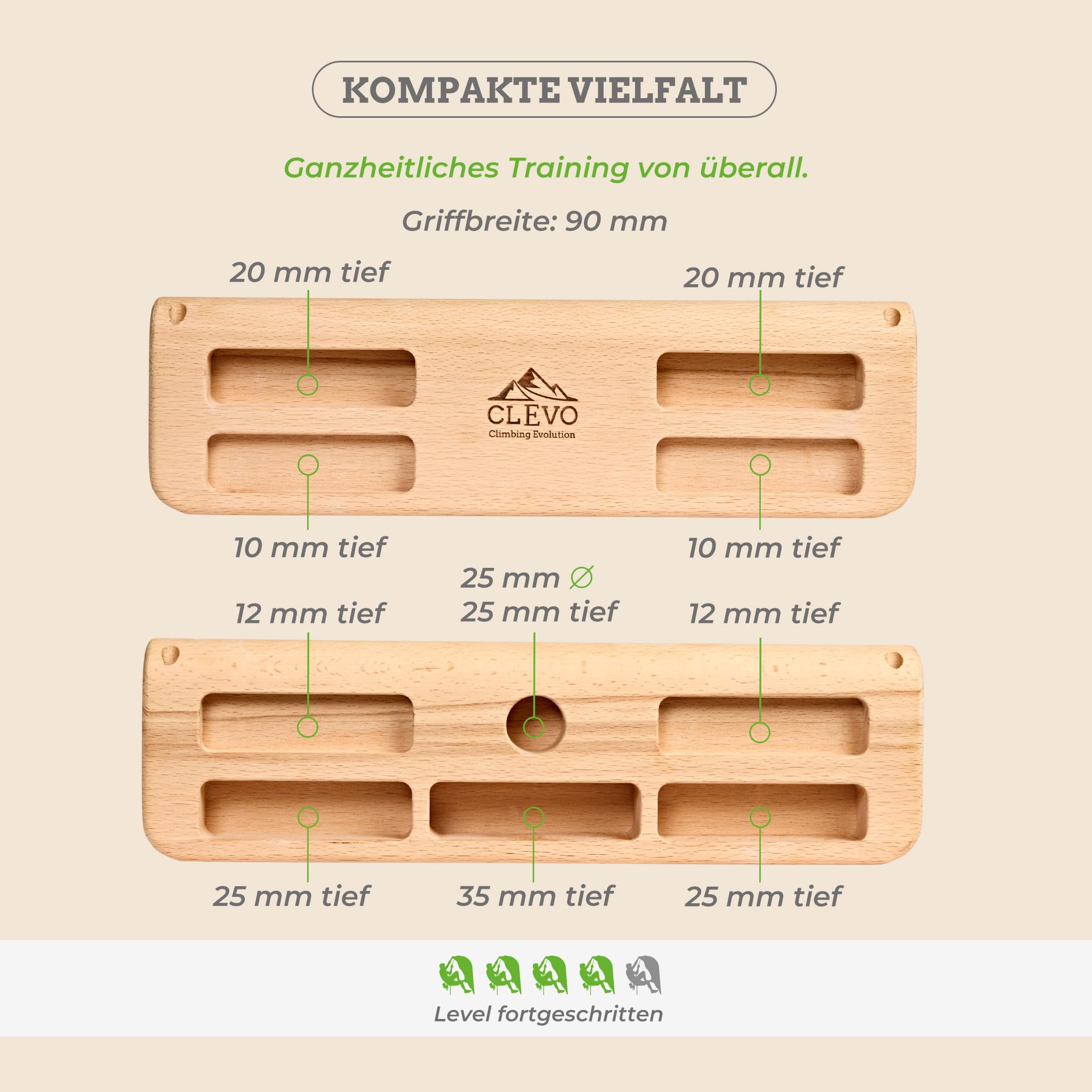 CLEVO - Hangboard Compact für Fingerkraft Training – Tragbares Fingerboard Holz – Kompaktes Kletterboard für Bouldern & Klettern unterwegs – Trainingsboard mit Seilaufhängung & Griffdesign