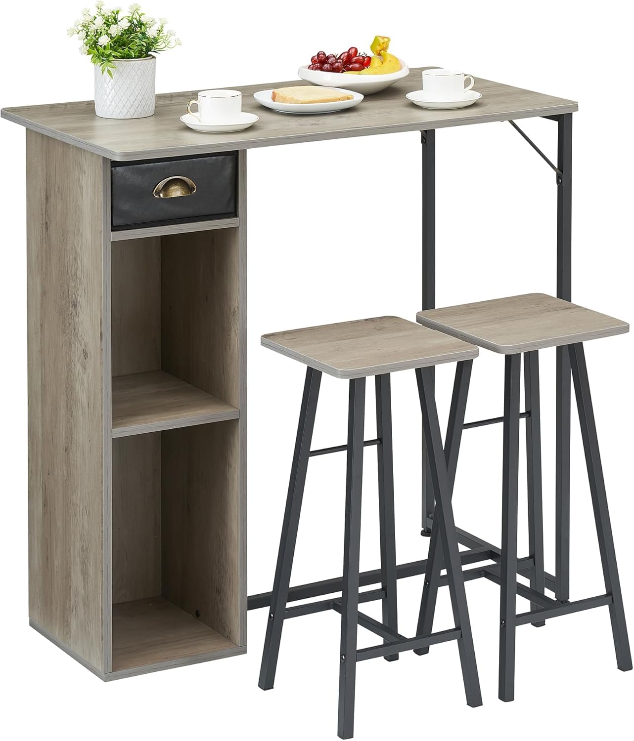 Zstar Conjunto de Mesa de Bar con 2 Taburetes, Mueble Auxiliar con Almacenamiento Lateral, para Cocina y Comedor, Color Gris Madera