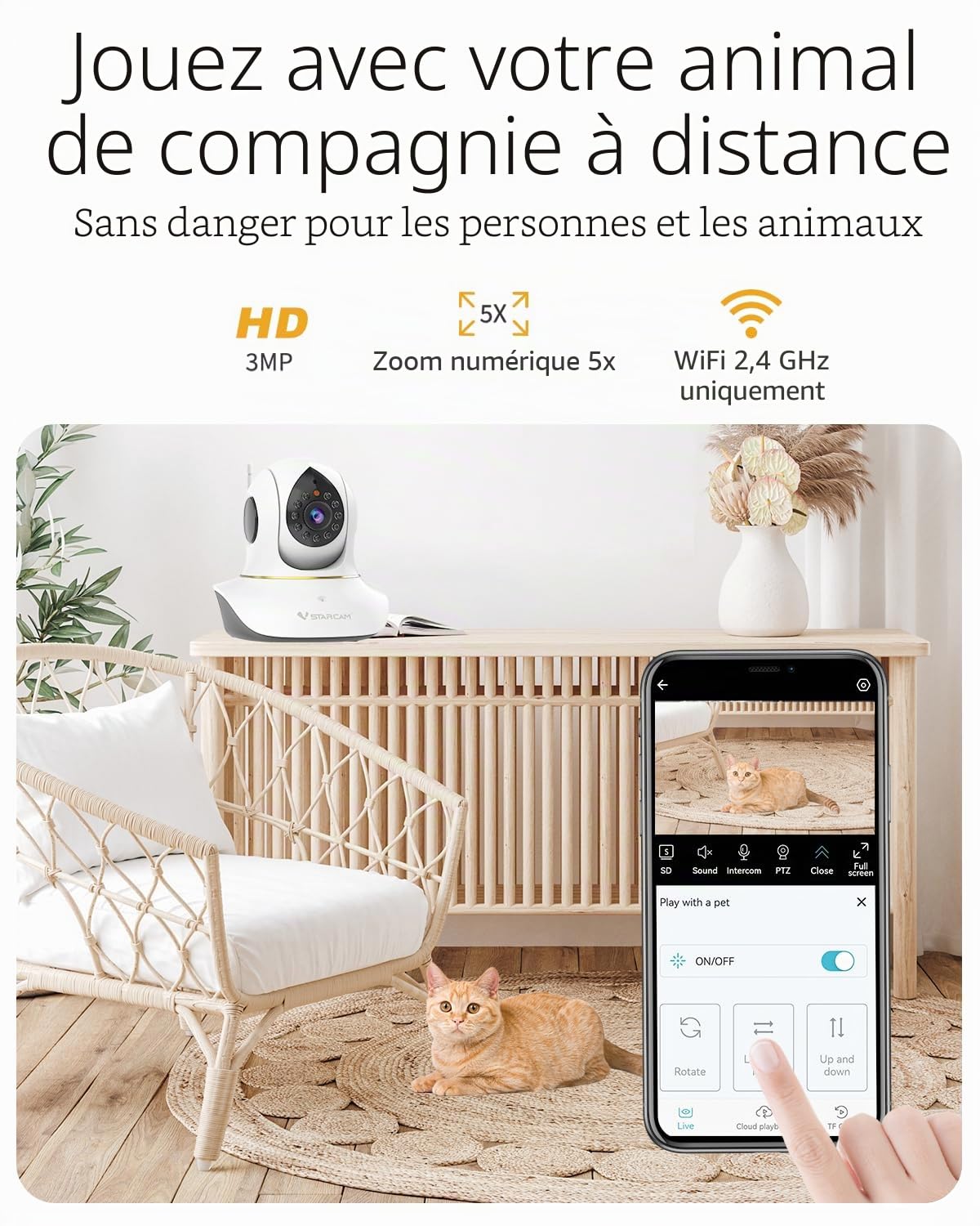 VSTARCAM Caméra interactive 2K pour chats avec application pour téléphone, vision nocturne infrarouge, détection de mouvement, audio bidirectionnel, caméra intérieure pour chien pour sécurité à