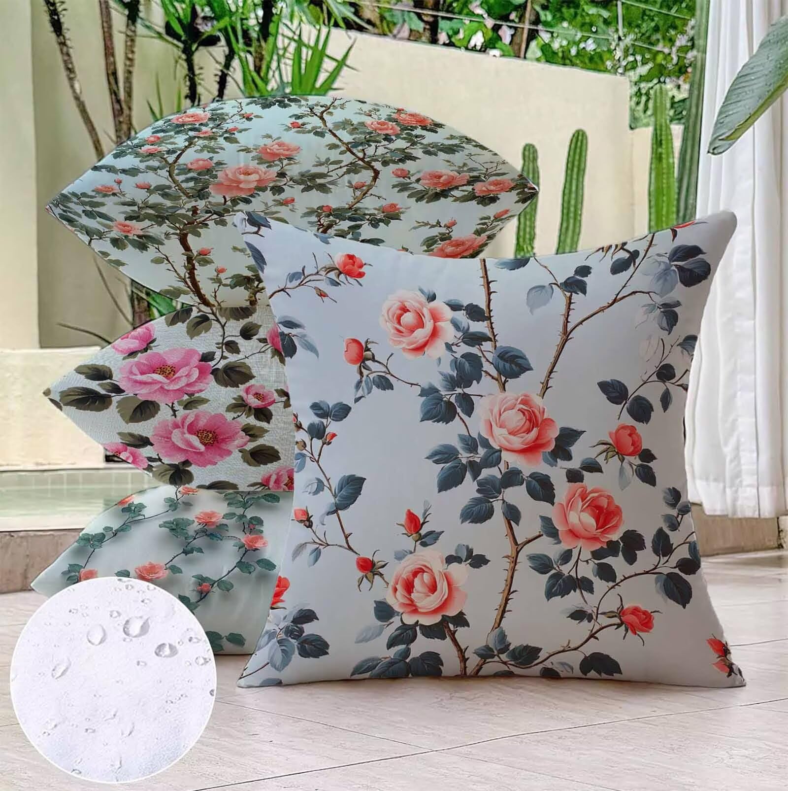 Coussin Canape Rose Housse Coussin 60 x 60 cm Lot de 4, Fleur Coussin Exterieur Impermeable Carrée Lin Taie Oreiller Motifs Impression Recto Verso Conception pour Décoration Maison Salon PjY8243 6-1
