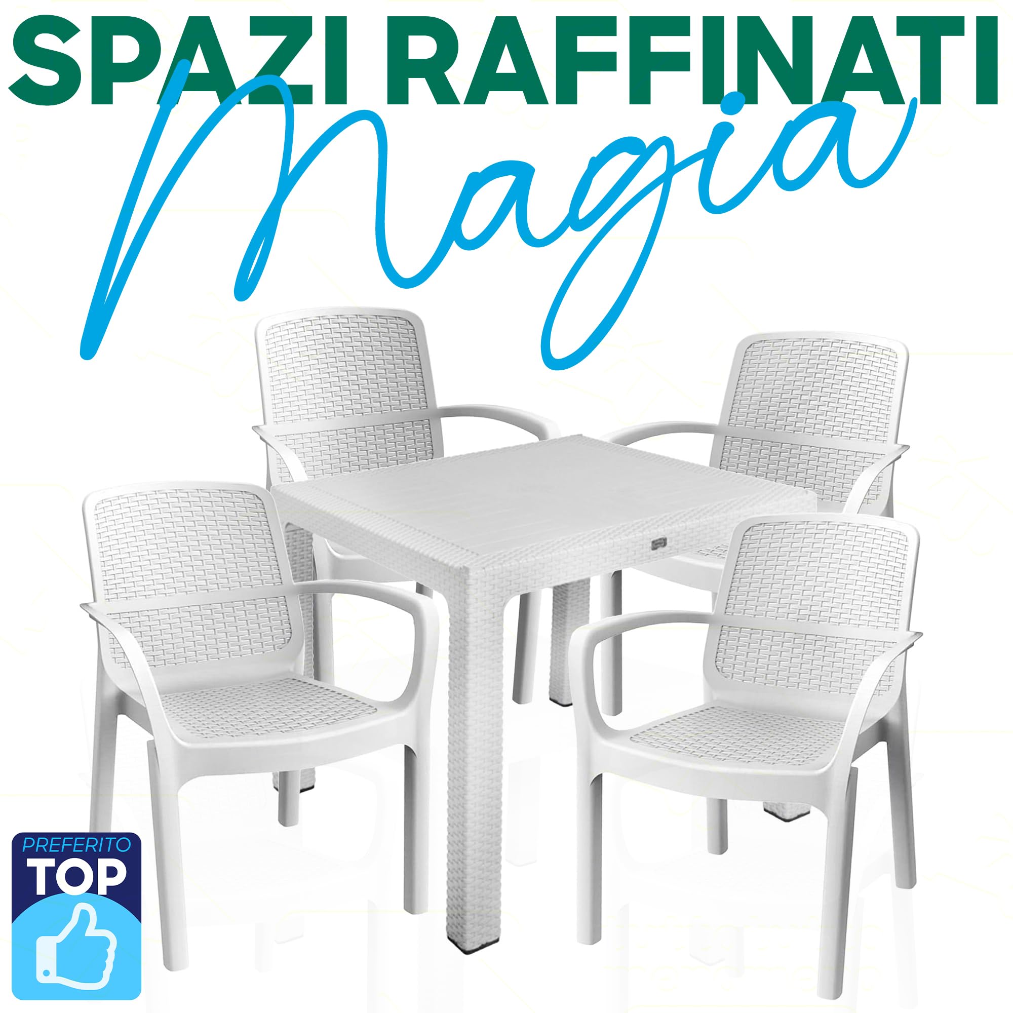 Sicignano | Set per Esterni Sedia Numana Tavolo 90x90cm, Impermeabili, Impilabili, Resistente UV, Ideale per Interno Esterno Bar Ristoranti Locali Commerciali (1, 4 Sedie 1 Tavolo)