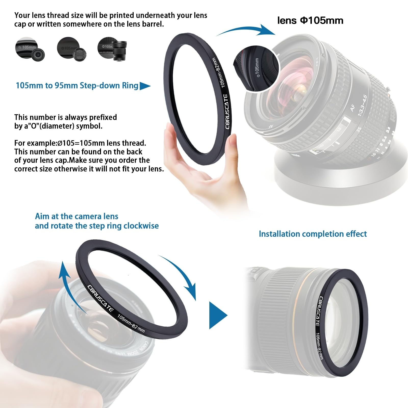 Set di 3 anelli filtranti da 105mm,Lo scopo è aumentare o diminuire il diametro della lente,Step-down Ring 105mm-95mm,105mm-82mm,105mm-77mm + panno per la pulizia dell'obiettivo