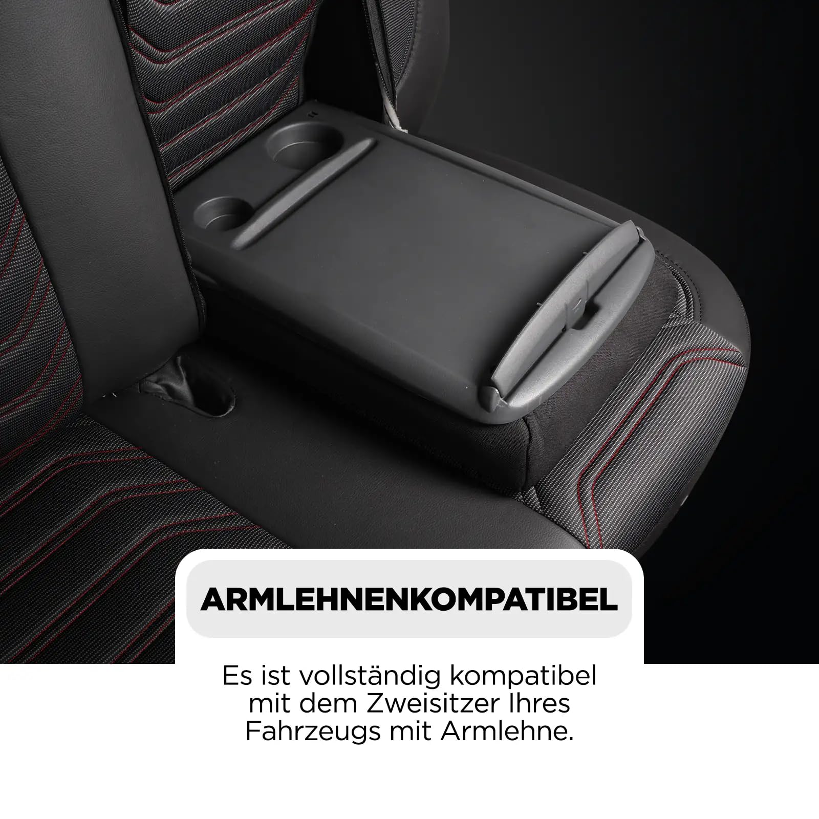 Autositzbezüge 2+1 für Ford Transit Custom 2015-2023 - Premium Vordersitze Auto Sitzbezug aus Piqué-Stoff, Schwarz-Rot - Vordersitz-Set (rechter Beifahrersitz geteilt)