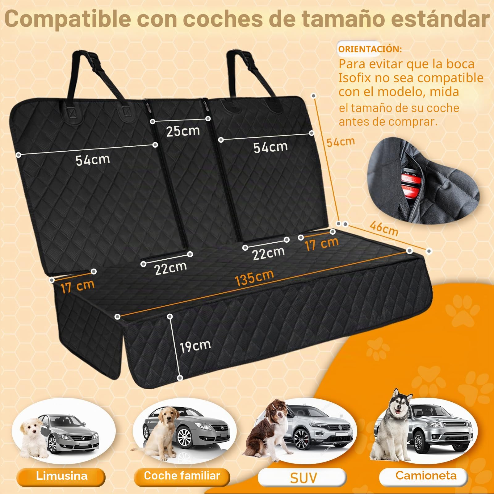 Manta para asiento trasero de coche para perros, con Isofix y protección universal (135 x 120 cm), impermeable, antideslizante, resistente a arañazos