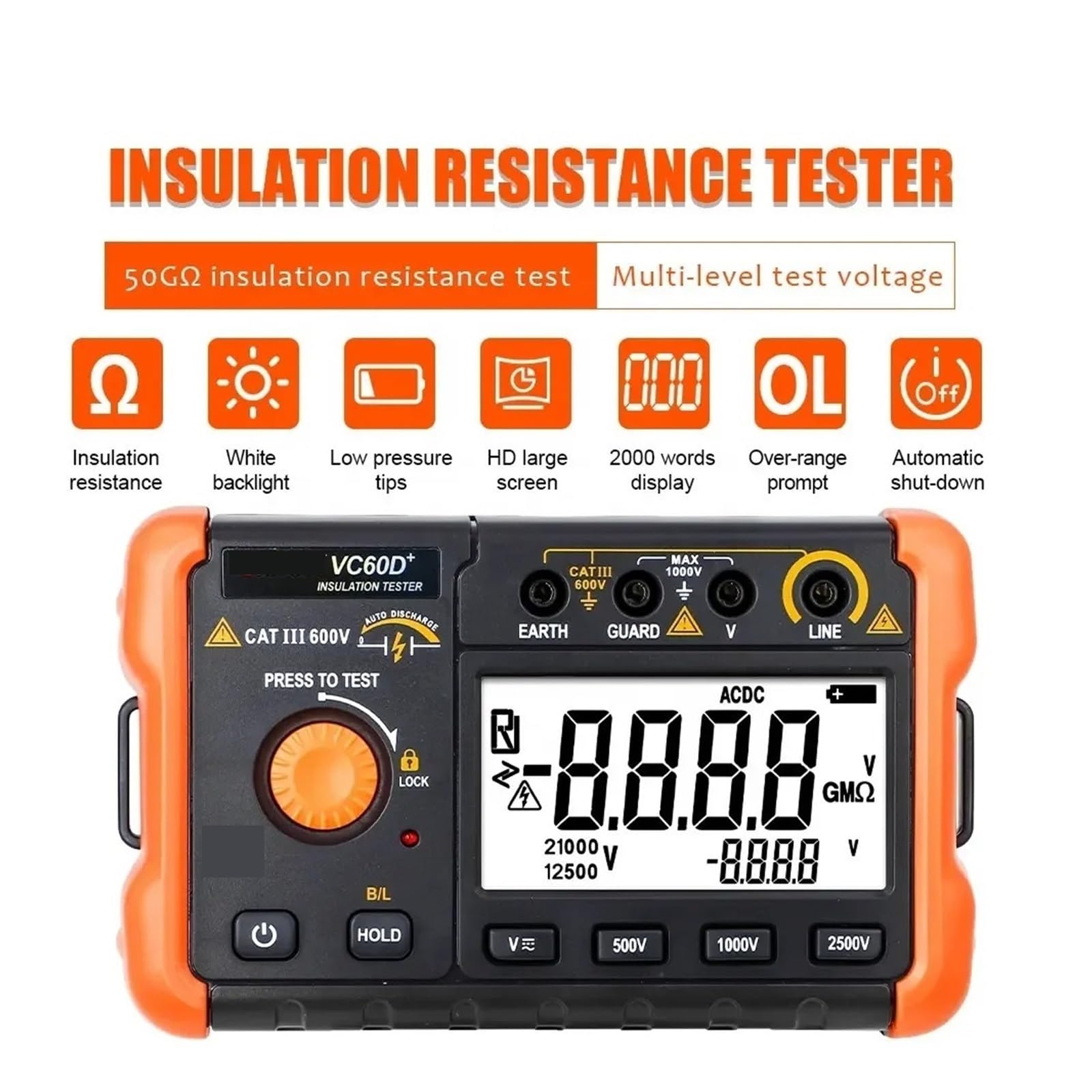 Medidor de Resistencia, Probador de aislamiento de alto voltaje 60D+ 2500V, megóhmetro digital de 50GΩ, medidor de ohmios