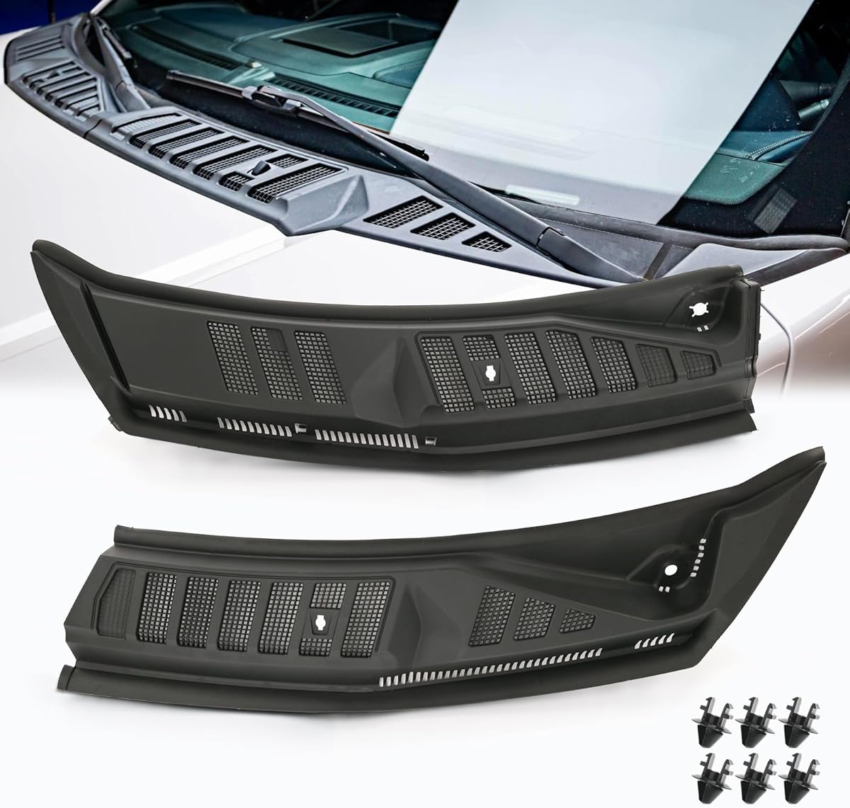 Windshield Wiper Cowl Cover Panel Grille Compatible with 2015-2020 Ford F150, Left & Right Side Front Insert Panel with Clip, Replaces# FL3Z15022A69B (Without Nozzles Hoses)