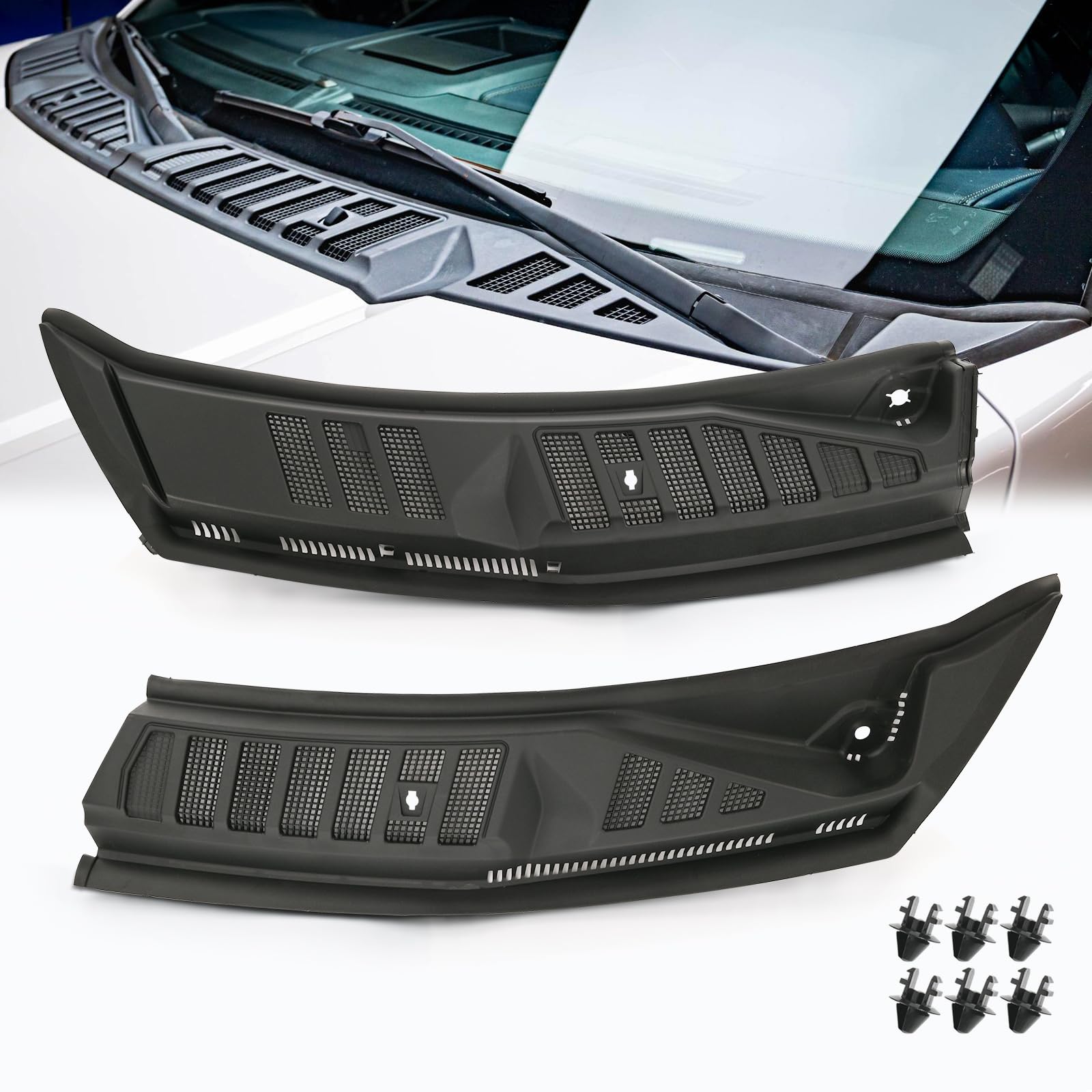windshield wiper cowl cover panel grille compatible with 2015-2020 ford f150, left & right side front insert panel with clip, replaces# fl3z15022a69b (without nozzles hoses)