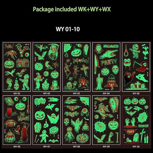 Miniatura 6 de 300 tatuajes temporales de Halloween para niños que brillan en la oscuridad, tatuajes falsos estilo Halloween 2023 calcomanías para niños y niñas,