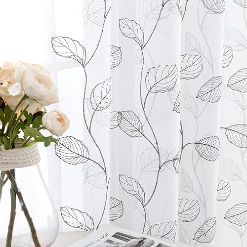 Miniatura 7 de Topick cortinas con hortensias bordadas para sala de estar, con ojales