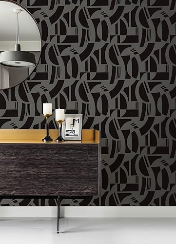 Miniatura 3 de Scott Living Carter Black Geometric Flock Papel pintado