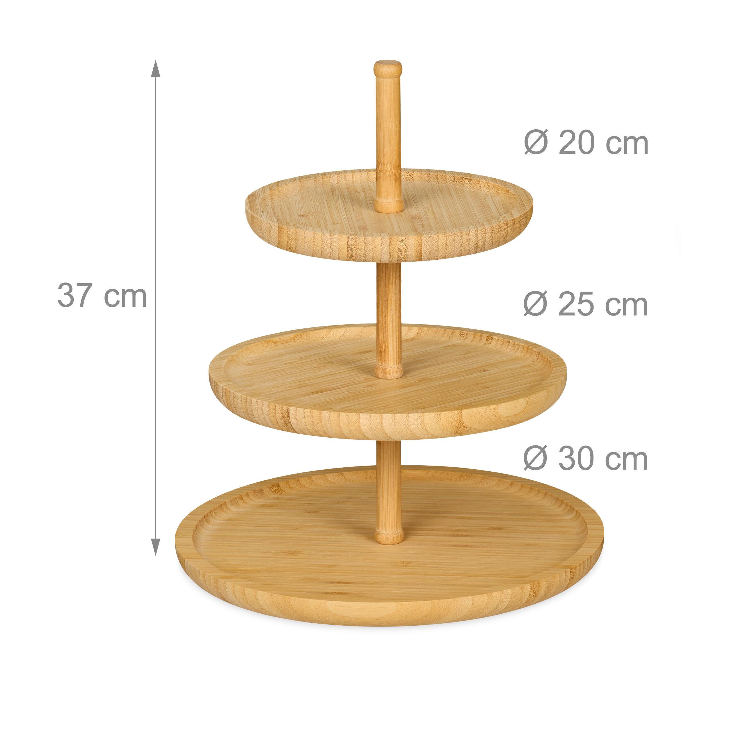 Relaxdays Bambusowy Etagere: 37 cm x 30 cm owoce Etagere drewniane z 3 okrągłymi talerzami na ciasteczka, słodycze, wypieki, przekąski, orzechy i inne, talerz na owoce, taca do serwowania naczyń, naturalny