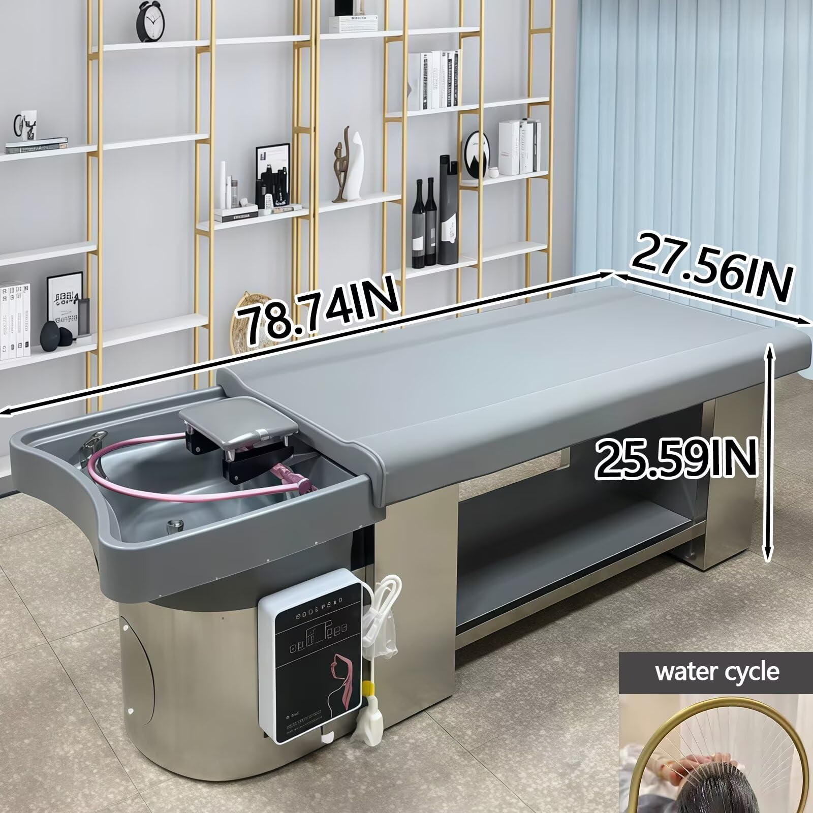 Salon Head SPA Shampoo-Liege - Professionelles, Elegantes, modernes, grau-metallisches Design, Beauty-SPA-Ausstattung mit Wasserzirkulation und geräumigem Stauraum (Schwarz)