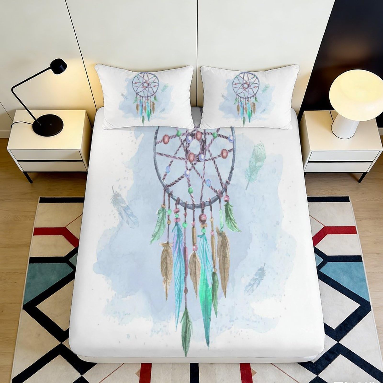 3D Printed Dreamcatcher Fitted Sheet Microfiber Soft Breathable Feather Bed Cover for Bedroom Dormitory Guest Room Mattress Protection Decor 180x200x25cm