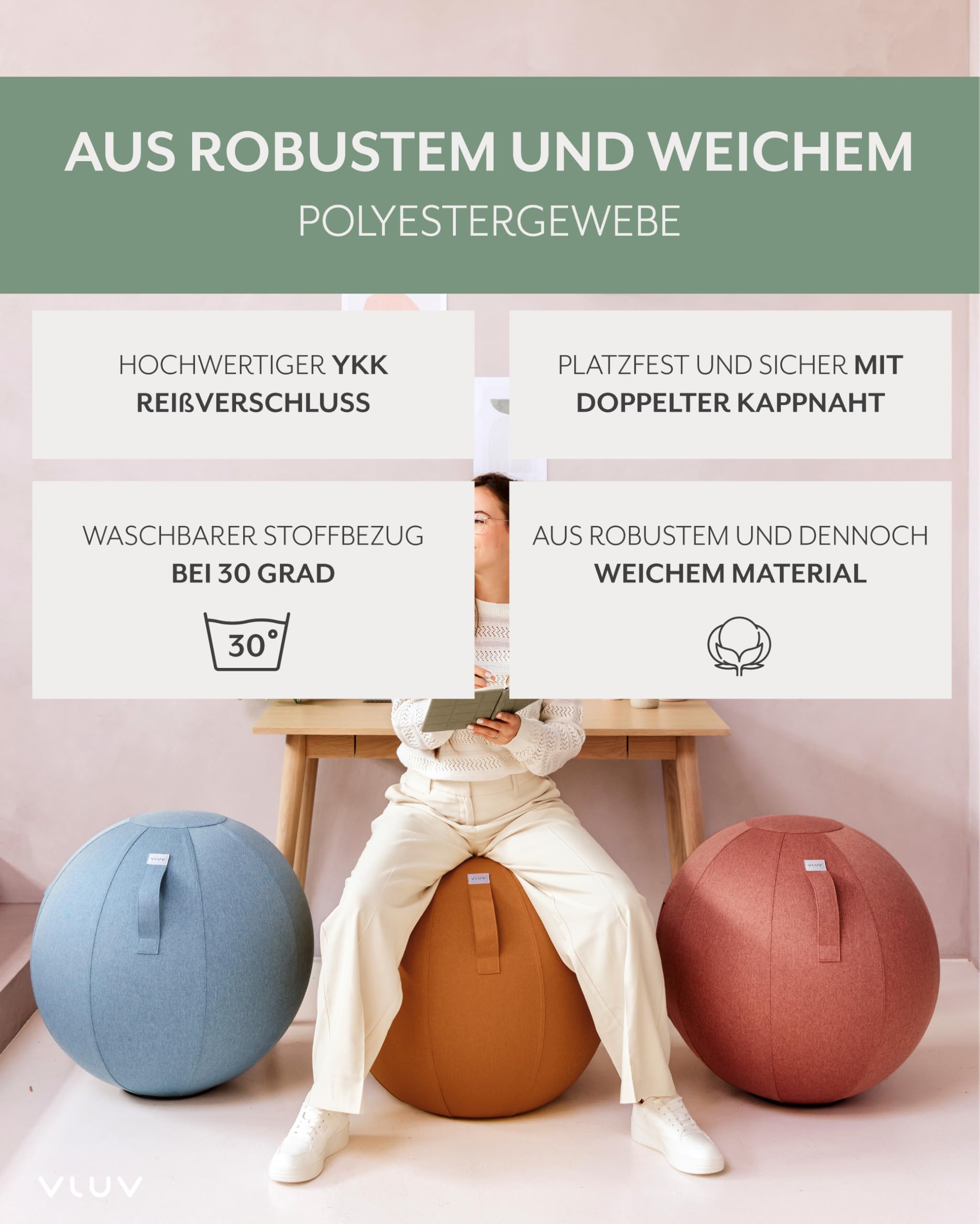 VLUV® BOL NEW LEIV Sitzball mit Möbel-Stoffbezug Pine (Grün) Ø 60-65cm
