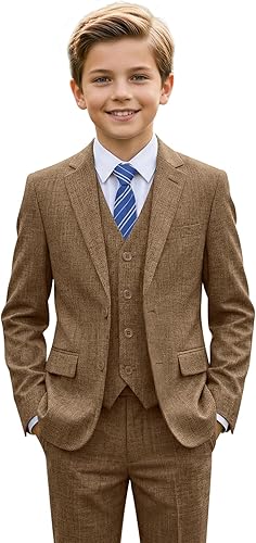 Boys Suit Khaki Kids Summer Wedding Suits Blazer Vest Pants Set with Shirt Tie f
