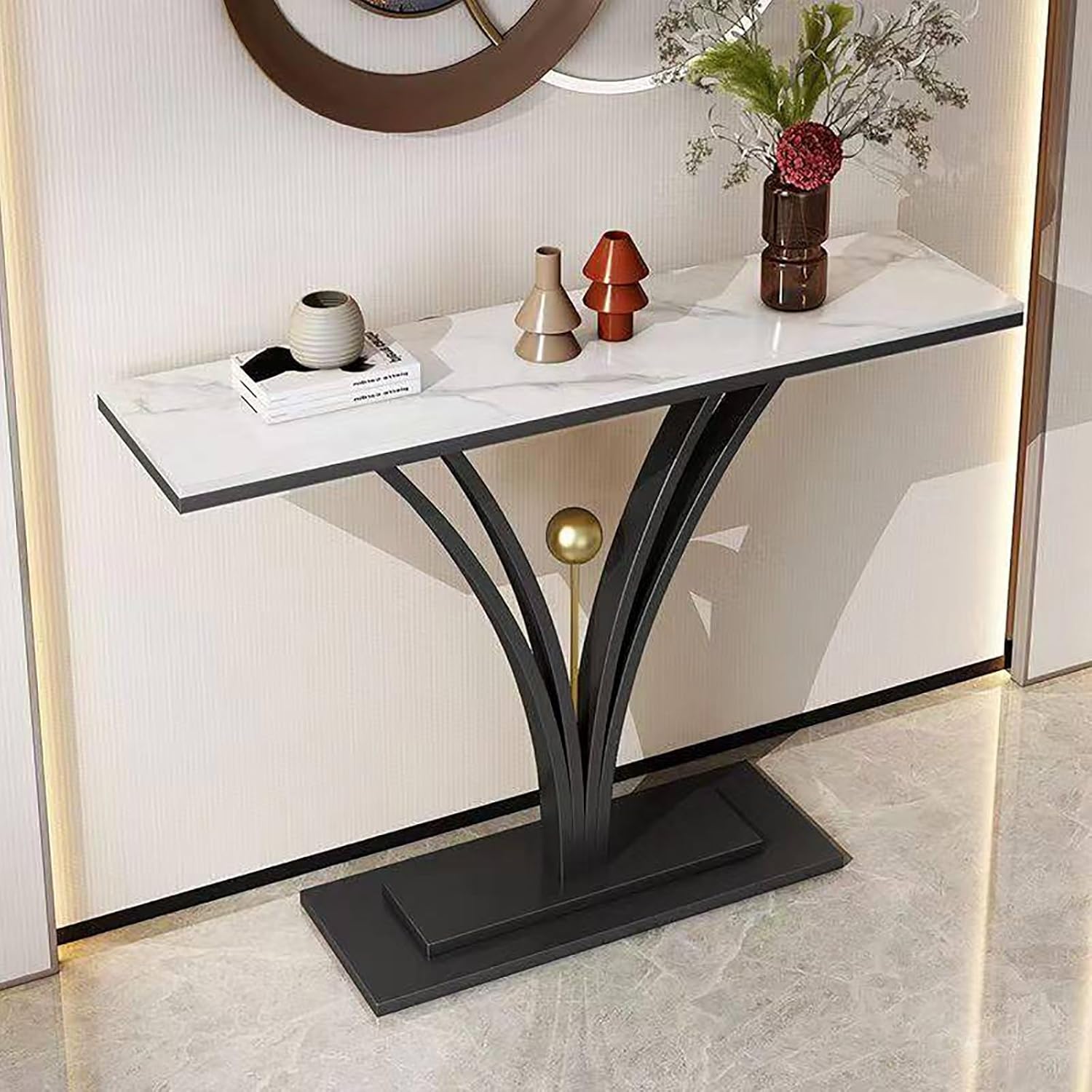 Modern Console Table Rock Slab Entryway Table Metal Couch Table Decorative Furniture for Living Room Foyer Office(Gold,140x30x80cm)