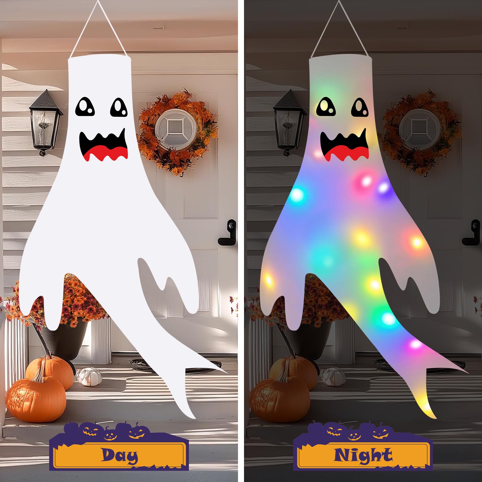 2 Pezzi Decorazione Halloween, Fantasma Manica a Vento con Luci LED, Ghost Windsock per Esterni, Giardino, Cortile, Patio, Casa
