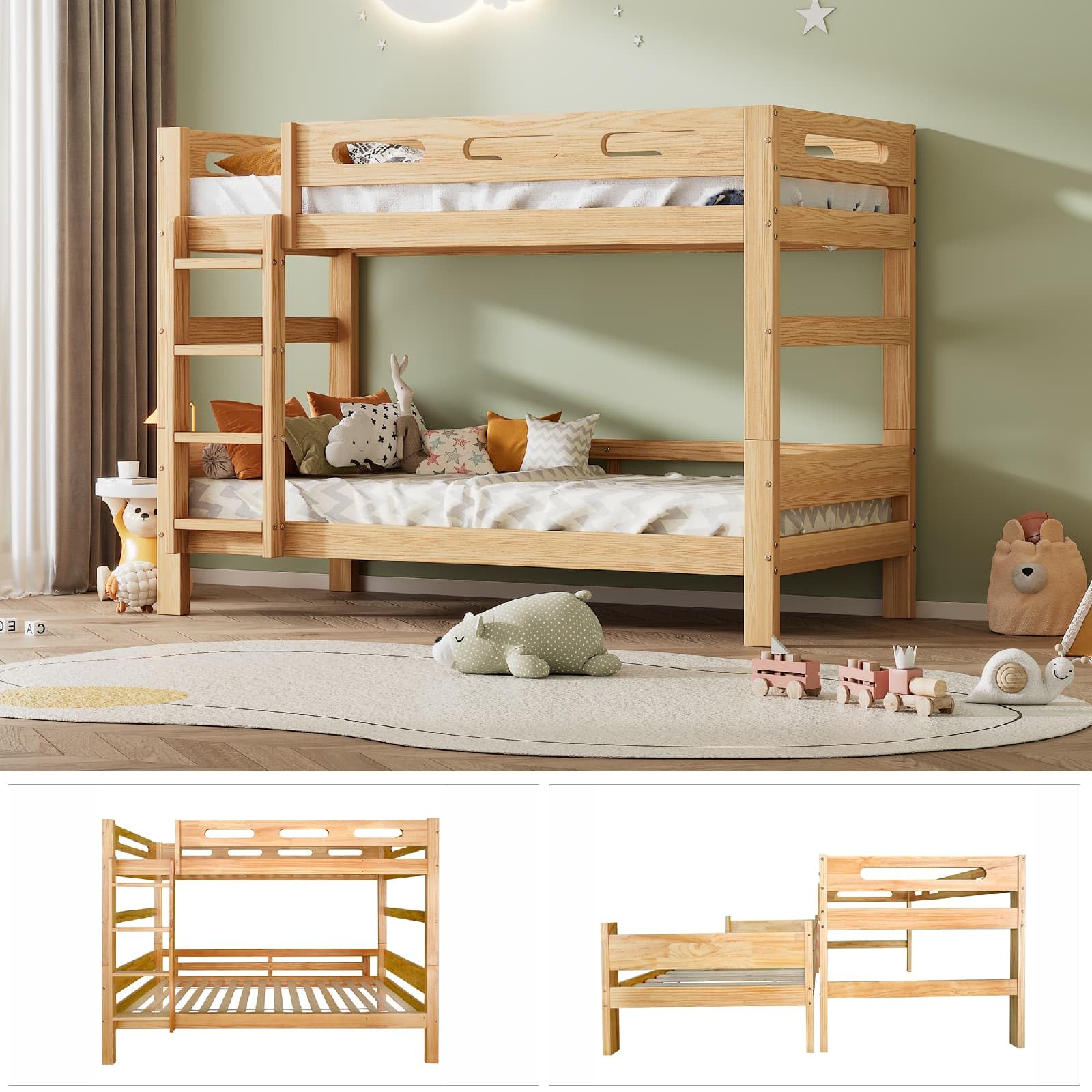 PUGSDRLY Lit Superposé Enfant en Bois 90x200cm,Lit superposé 2 Places Divisé en 2 Lits Simples, pour Adolescent et Enfant